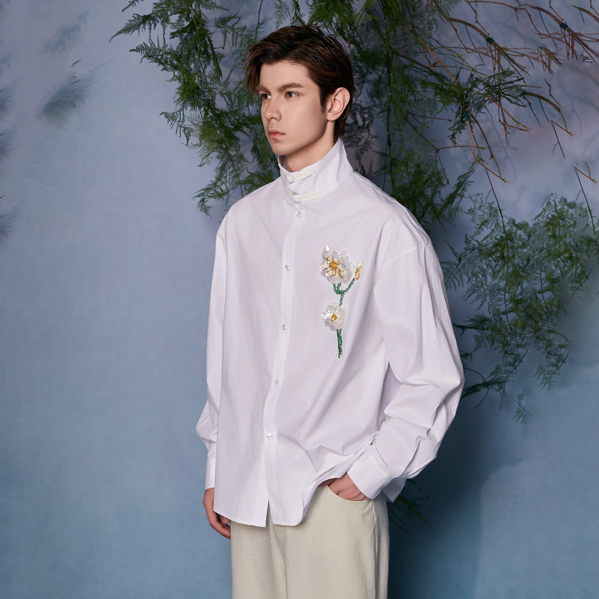 JIECHI Mandarin Collar Floral Embroidered Shirt-Shirt-M (Preorder)-Free Shipping Leatheretro