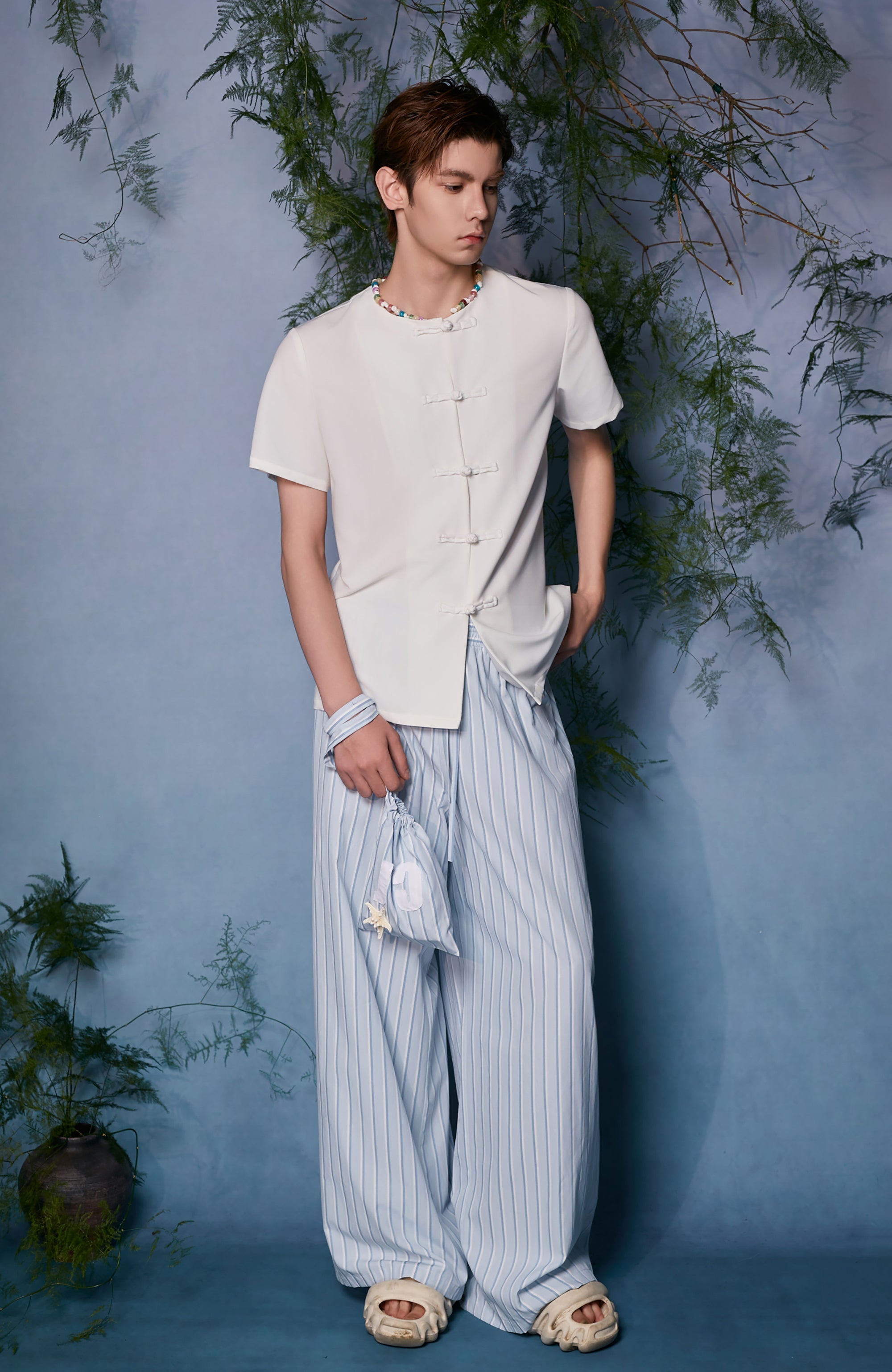 JIECHI Minimal Frog Button Beaded Half Shirt-Half shirt-M (Preorder)-Free Shipping Leatheretro