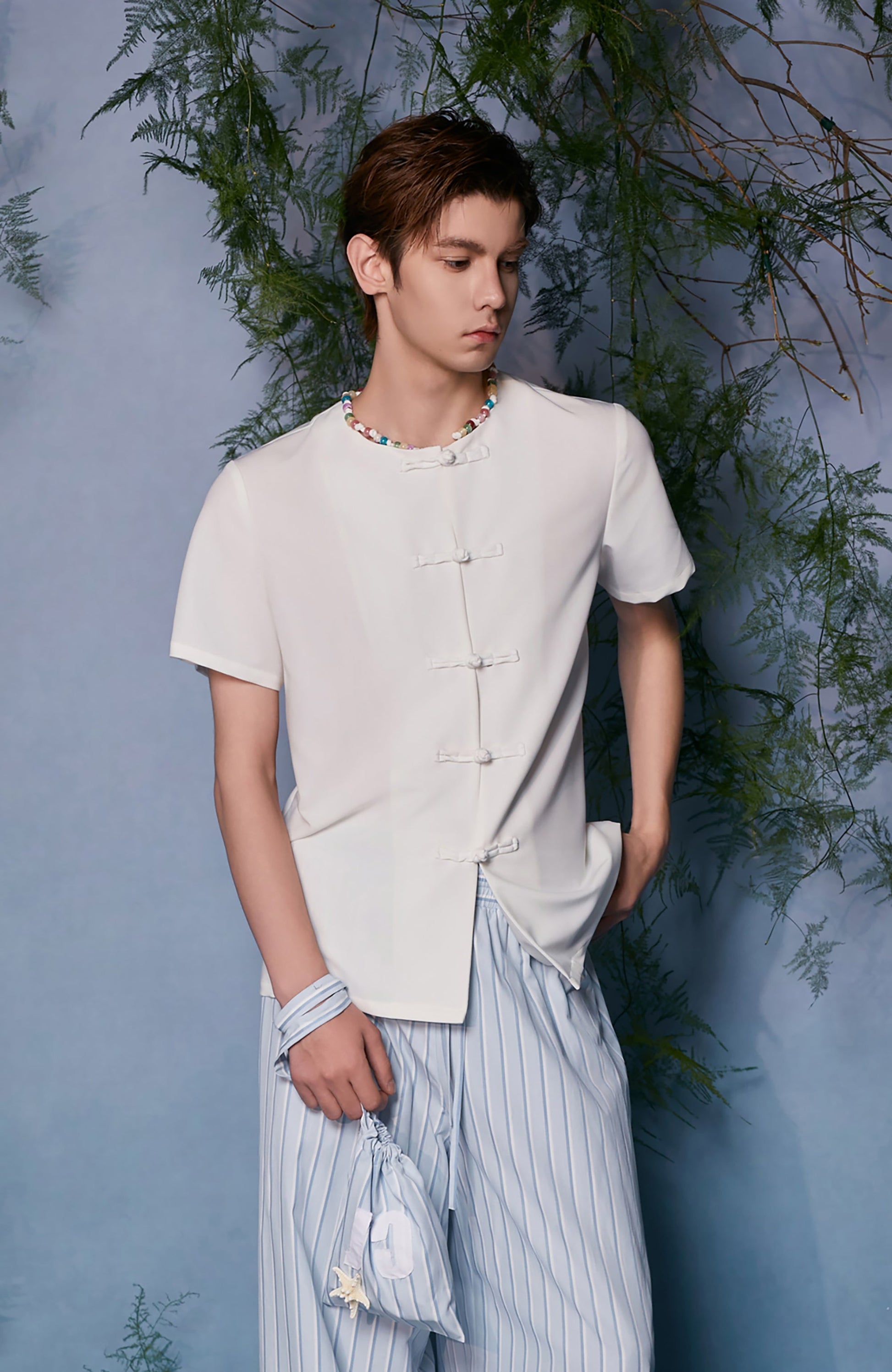 JIECHI Minimal Frog Button Beaded Half Shirt-Half shirt-M (Preorder)-Free Shipping Leatheretro