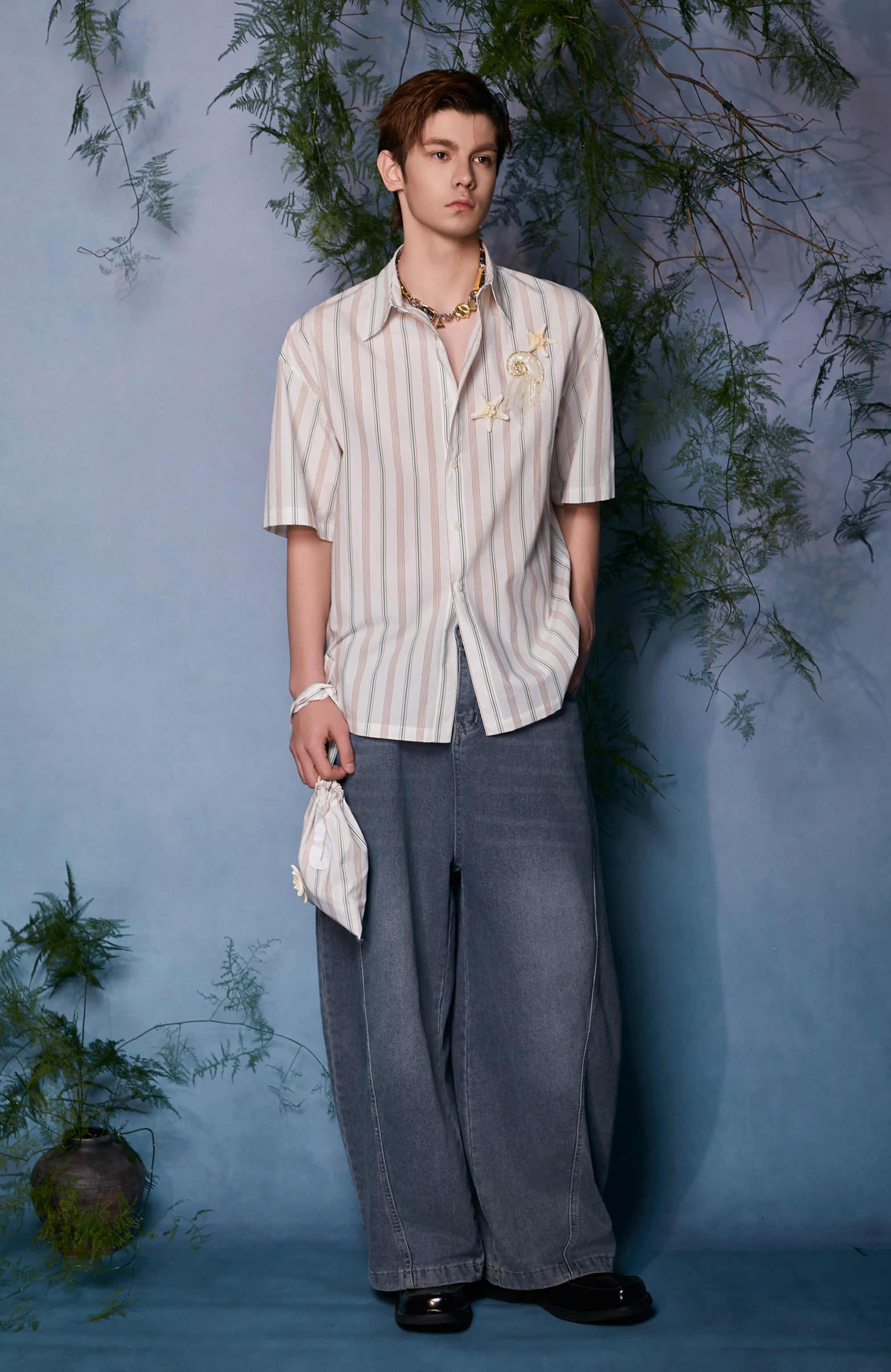 JIECHI Striped Shell-Embellished Half Shirt-Half shirt-M (Preorder)-Free Shipping Leatheretro