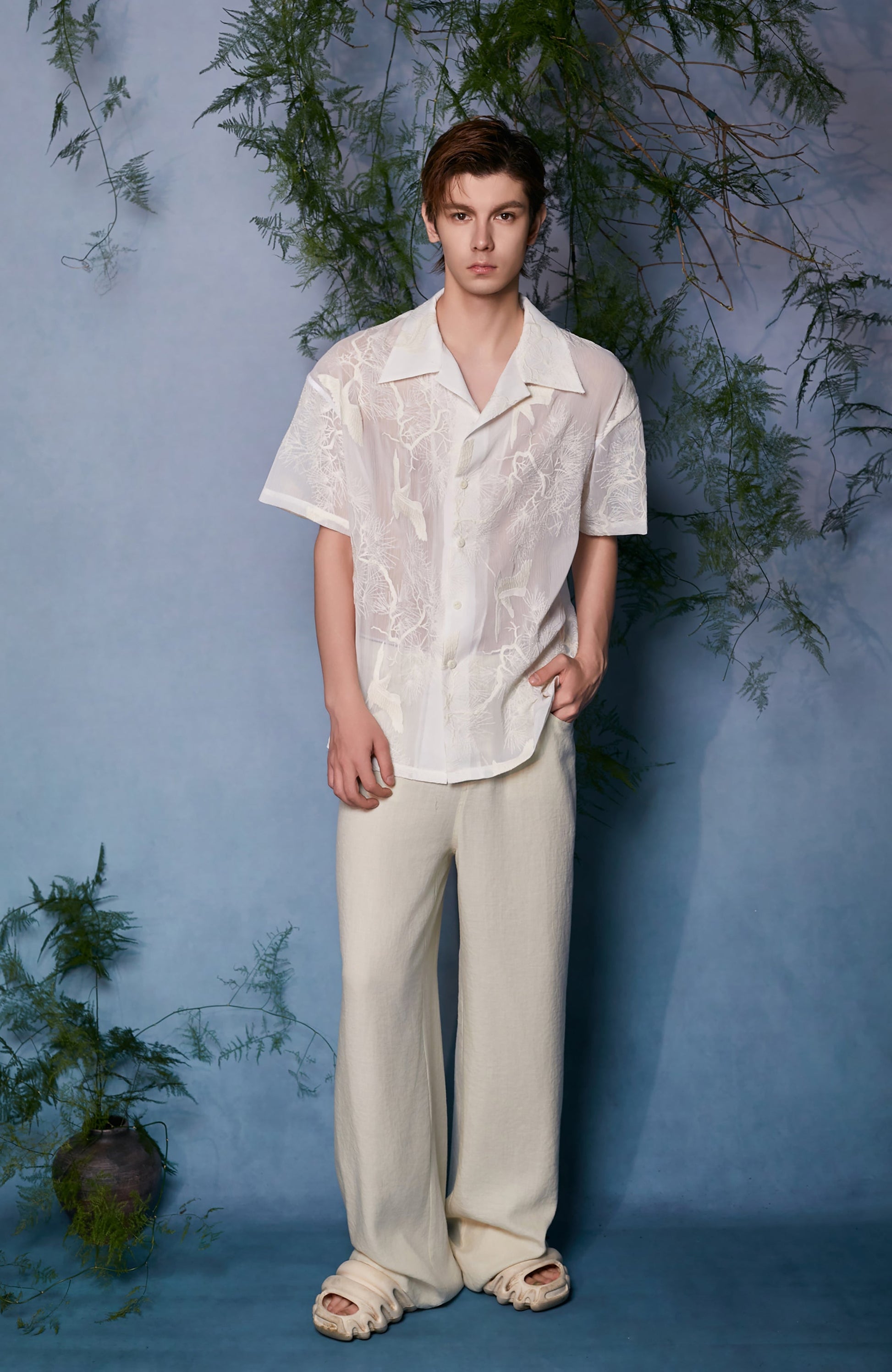 JIECHI Sheer Crane Embroidered Half Shirt-Half shirt-M (Preorder)-Free Shipping Leatheretro