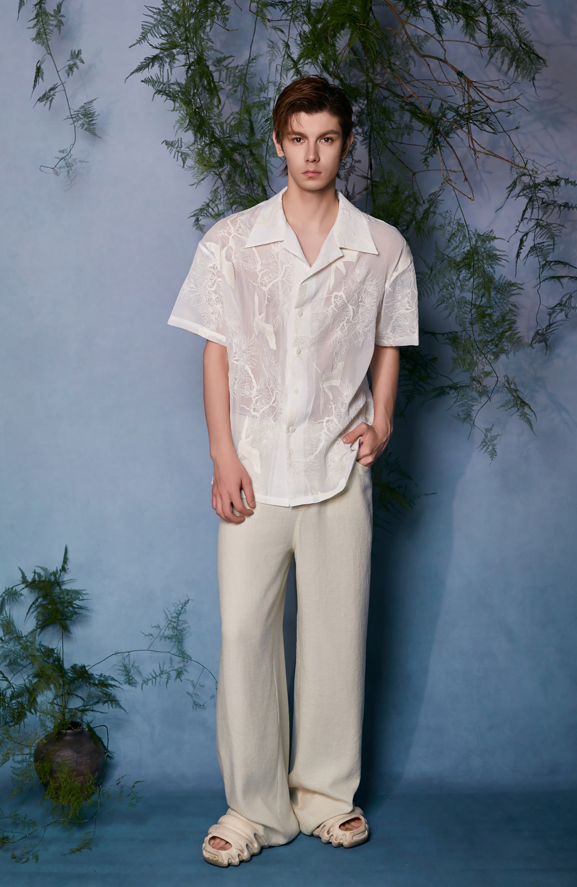 JIECHI Sheer Crane Embroidered Half Shirt-Half shirt-M (Preorder)-Free Shipping Leatheretro