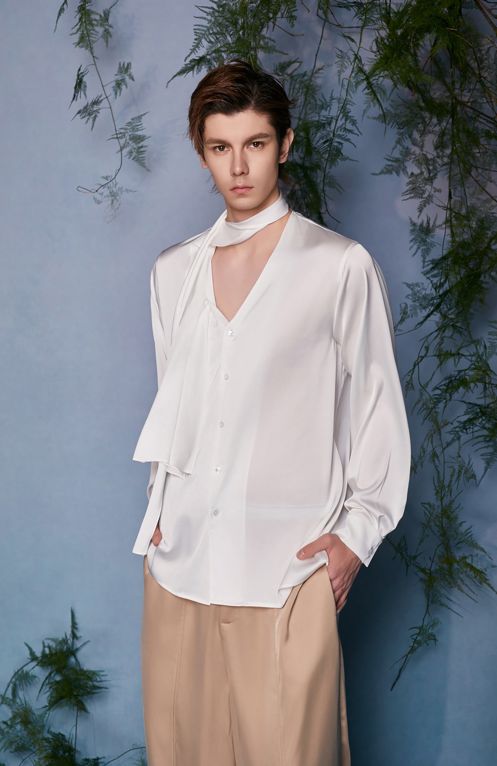 JIECHI Draped Satin Scarf-Collar Shirt-Shirt-M (Preorder)-Free Shipping Leatheretro