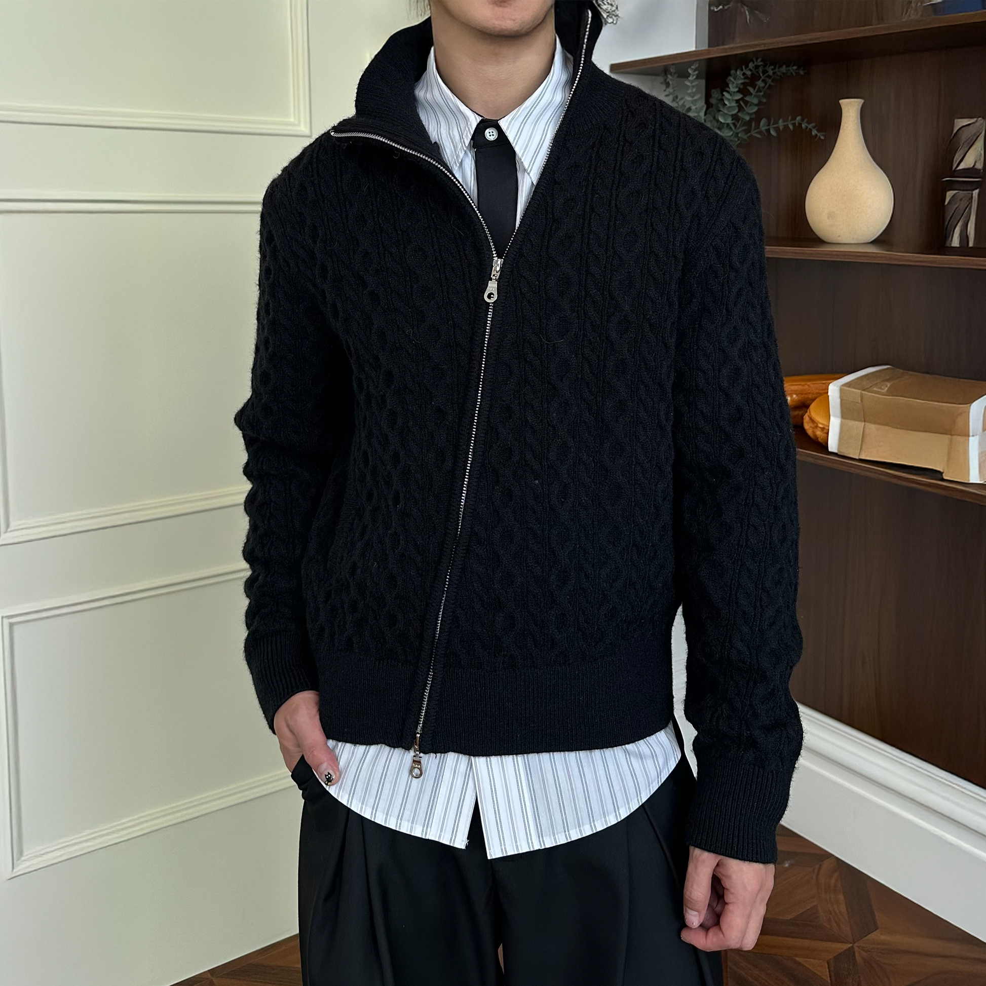 KREATE Asymmetrical Zip Cable-Knit Sweater-Jacket-S-Black-Free Shipping Leatheretro