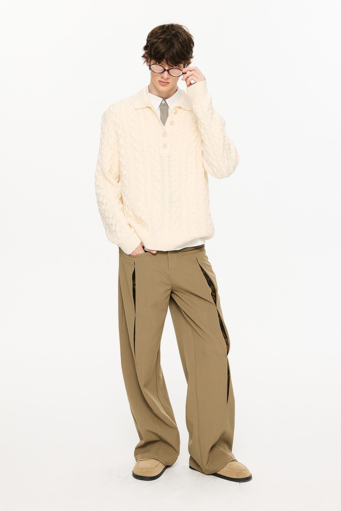 KREATE Cable Knit Polo Sweater-Sweater-S-Beige-Free Shipping Leatheretro