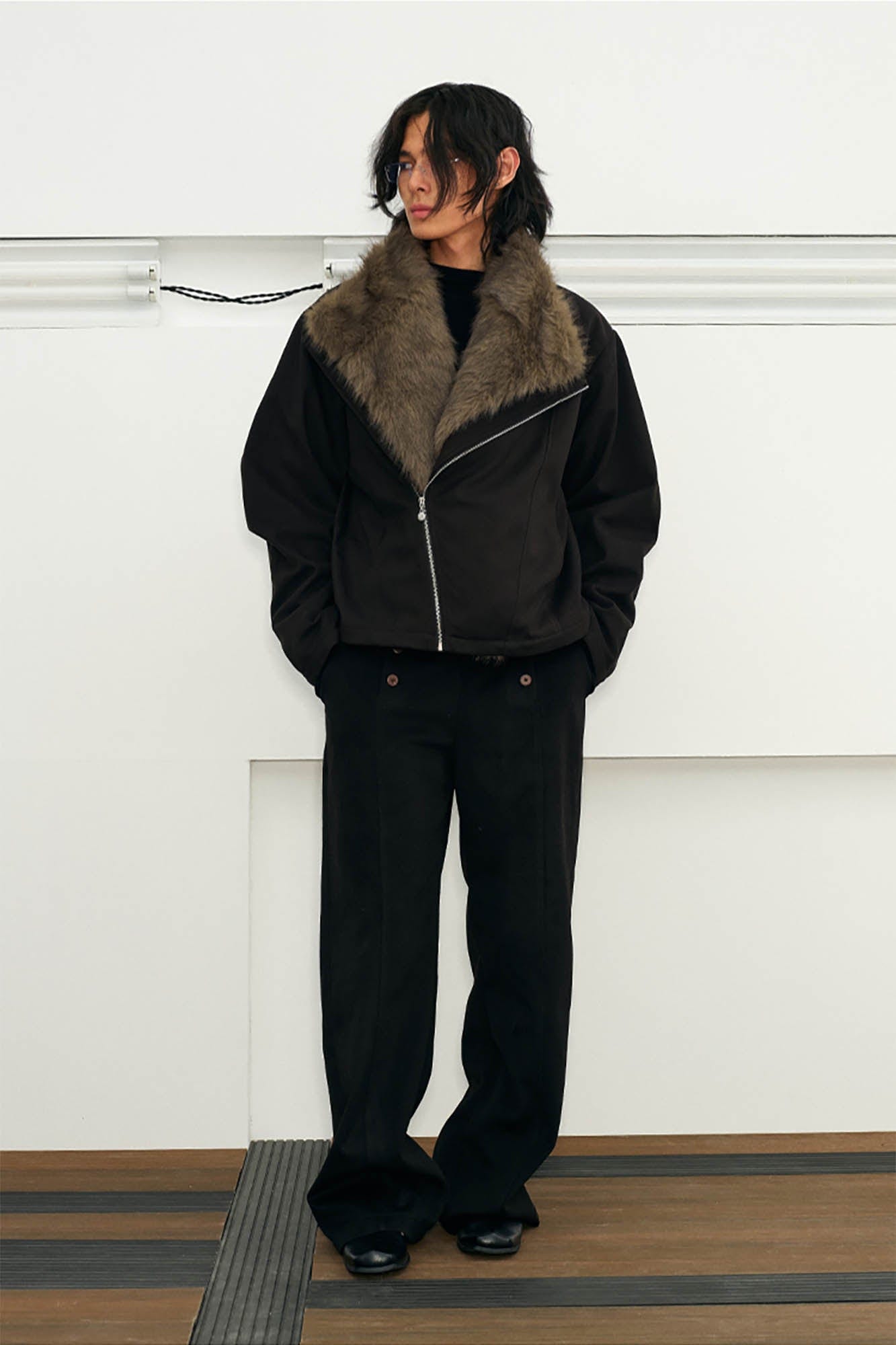 KREATE Detachable Faux Fur Collar Asymmetrical Jacket-Jacket-S-Black-Free Shipping Leatheretro