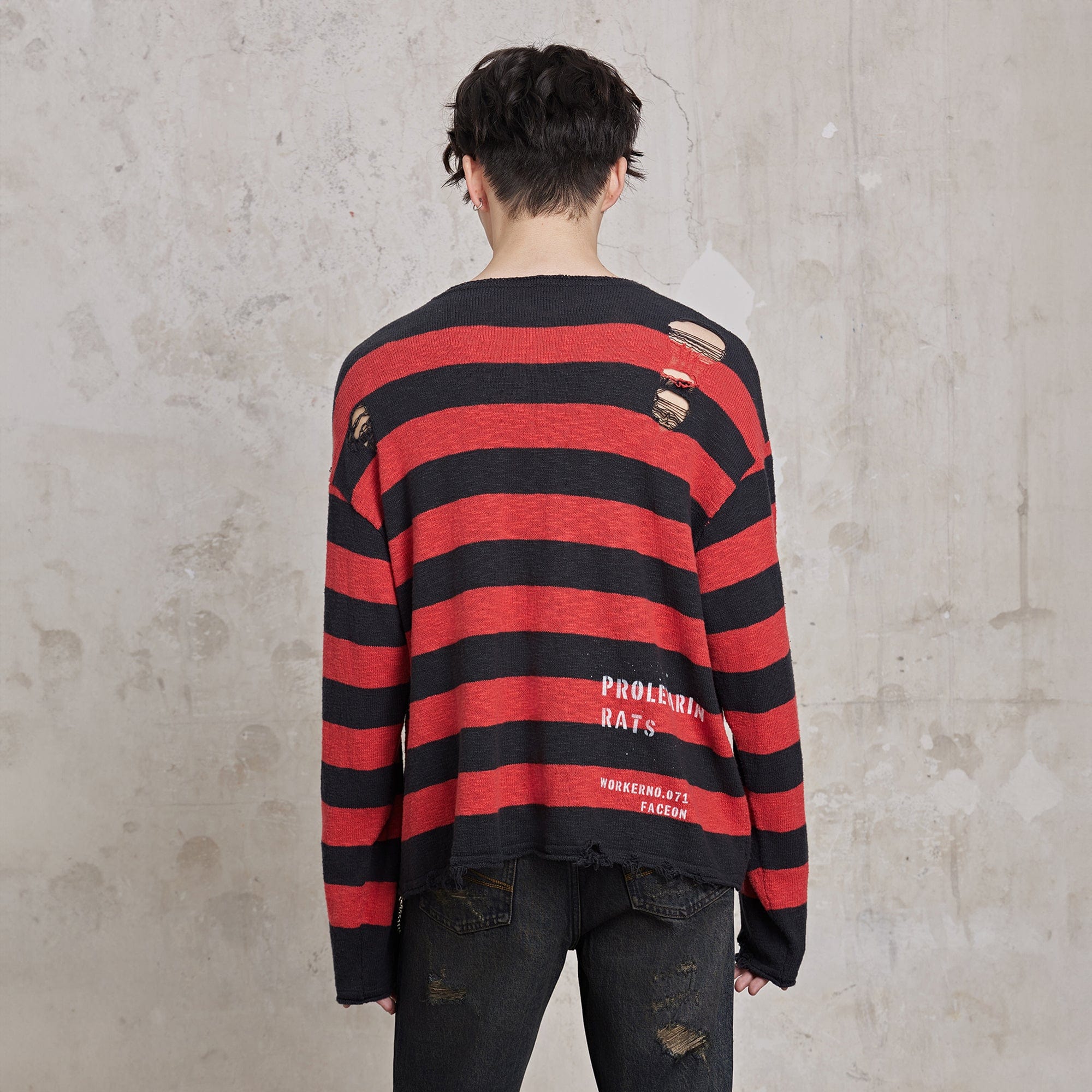 FACEONLAB Stripe Distressed Frayed Crewneck Sweater-Sweater-M-Red-Free Shipping Leatheretro