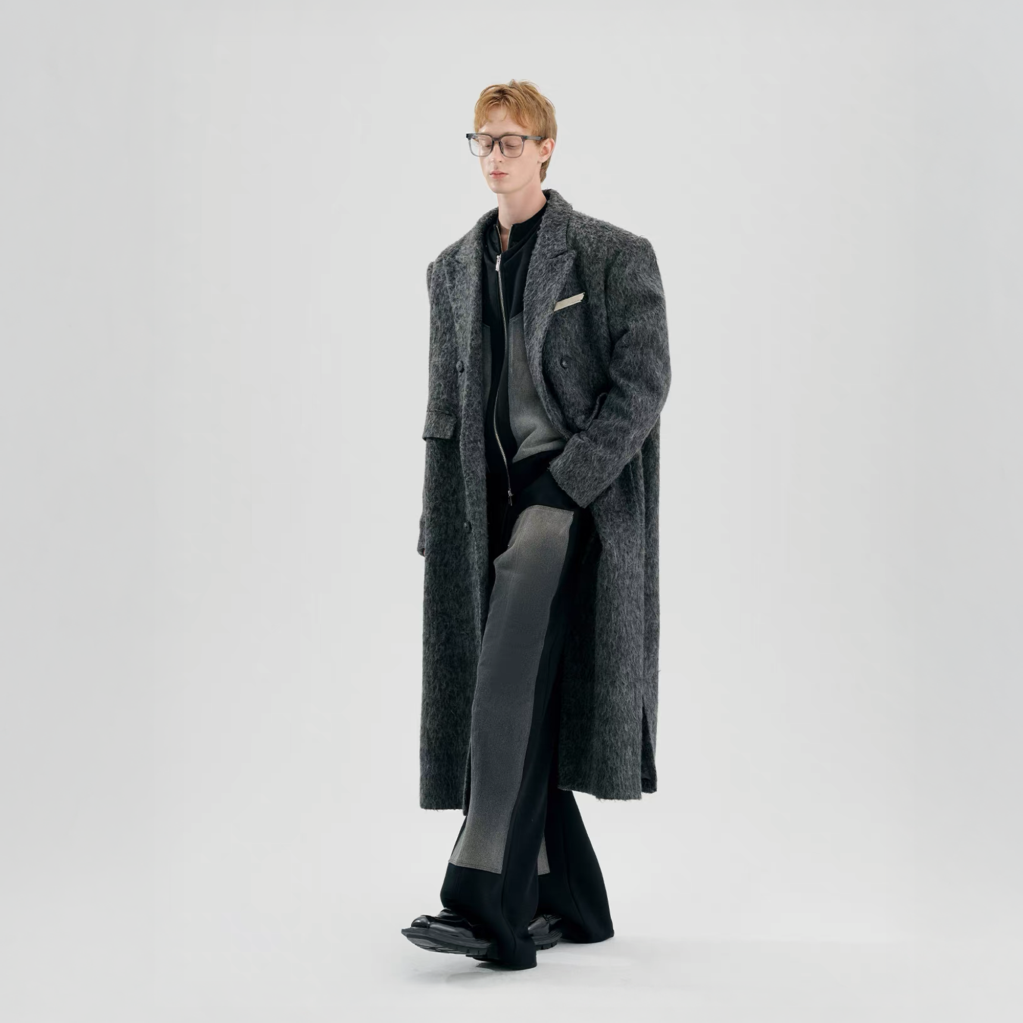 TIWILLTANG Fuzzy Double-Breasted Oversized Long Coat