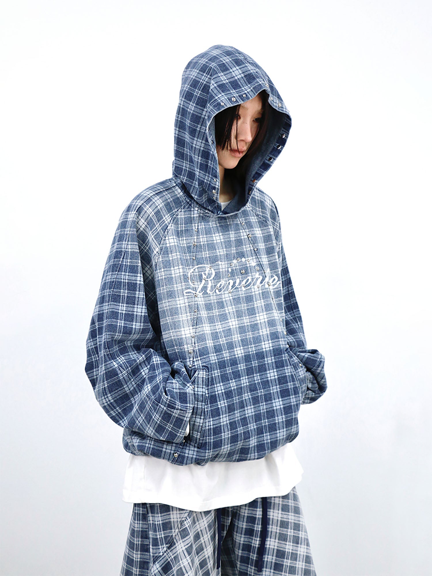 RELABEL Plaid Rivet Paneled Faded Hoodie-Hoodie-XS-Free Shipping Leatheretro