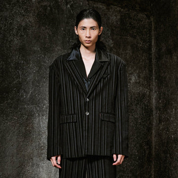 ILNya Nieternite Nifutur Corduroy Stripe Panel Satin Lapel Blazer-Jacket-S(0)-Free Shipping Leatheretro
