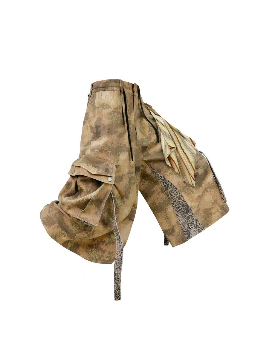 RELABEL Detachable Scarf Camo Leopard Panel Oversized Shorts-Shorts-XS-Free Shipping Leatheretro