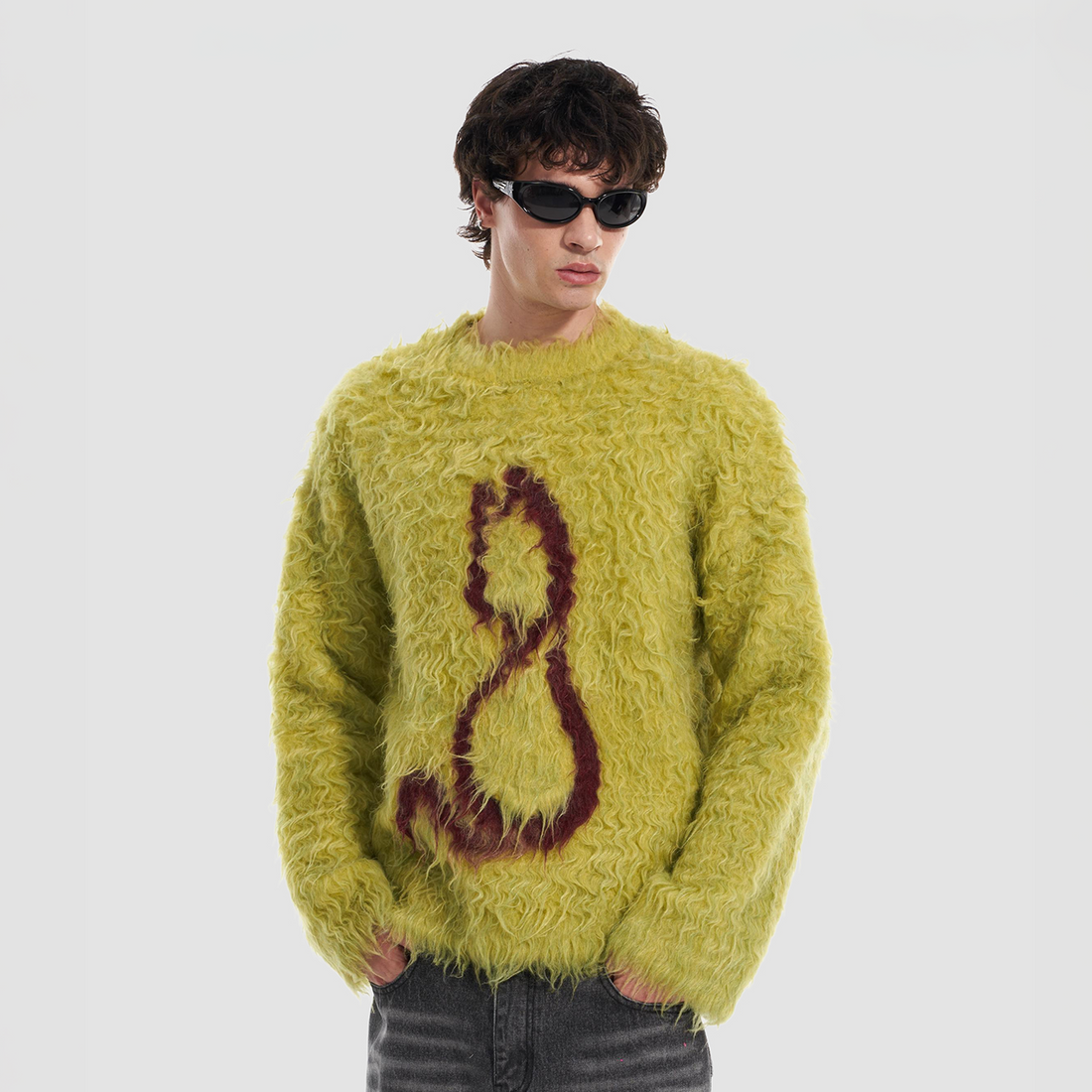 VANN VALRENCE Fuzzy Cat Intarsia Mohair Sweater-Sweater-S-Green-Free Shipping Leatheretro