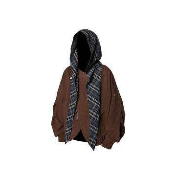 RELABEL Detachable Plaid Hood Jacket Brown-Jacket-XS (Preorder)-Free Shipping Leatheretro