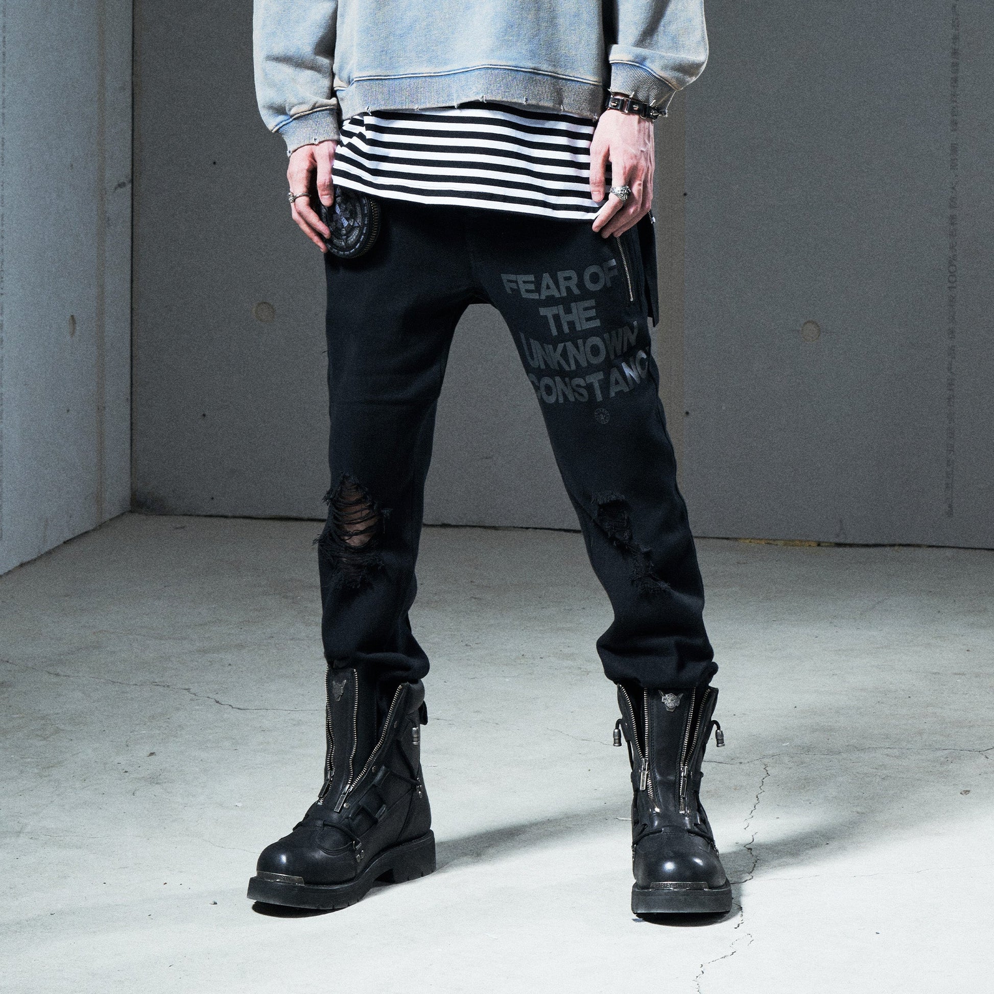 VENTUREK Distressed Zippered-Hem Slogan Slim Pants-Pants-S-Free Shipping Leatheretro