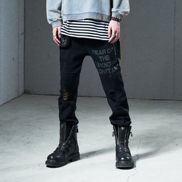 VENTUREK Distressed Zippered-Hem Slogan Slim Pants-Pants-S-Free Shipping Leatheretro