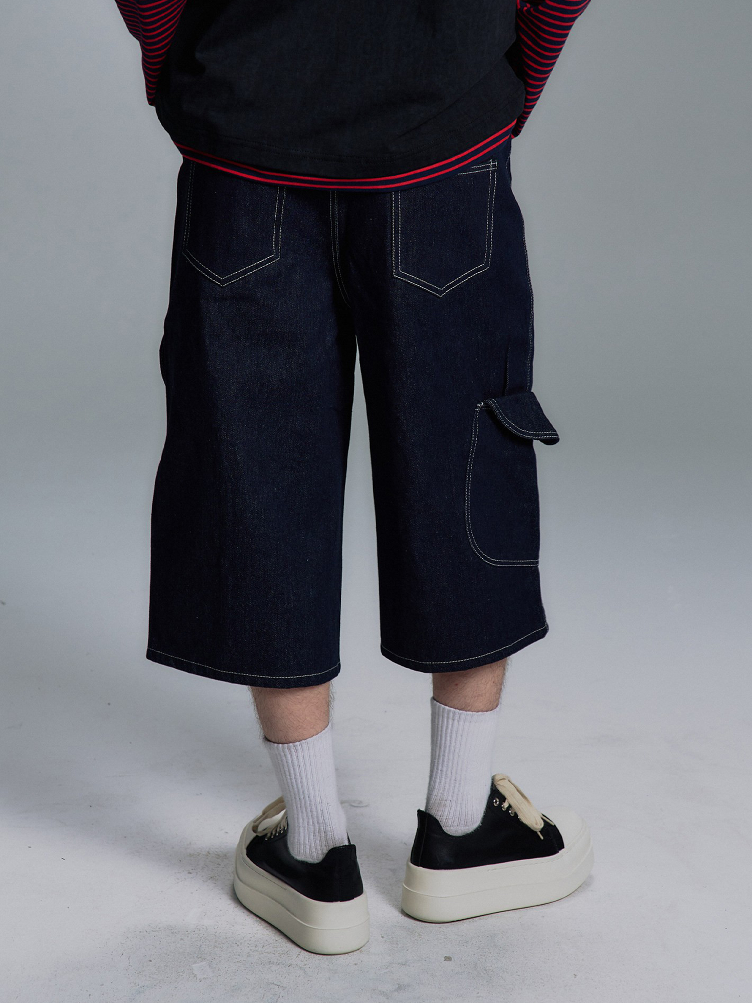 PAIKI Retro Double-Waist Contrast Stitch Cargo Shorts-Shorts-S / 29"-Black-Free Shipping Leatheretro
