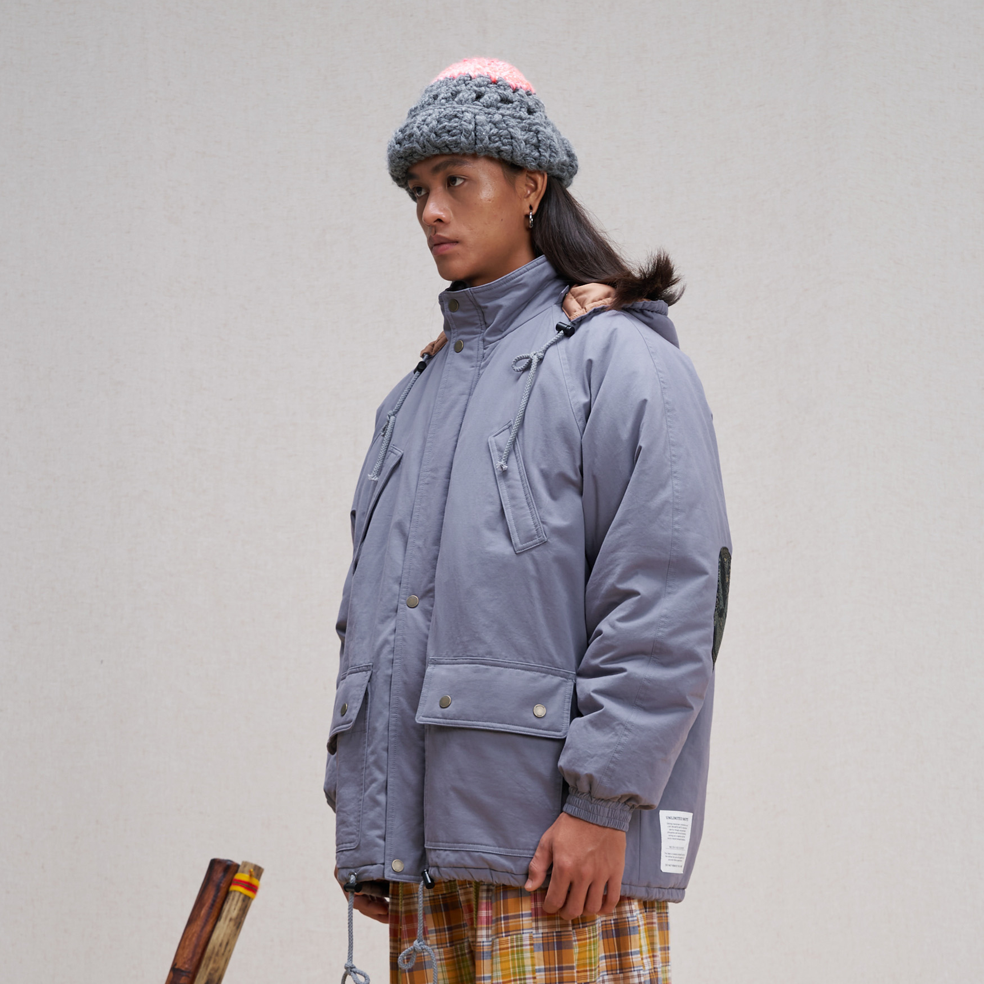 UNLIMITED MOTE Patchwork-Elbow Padded Utility Parka