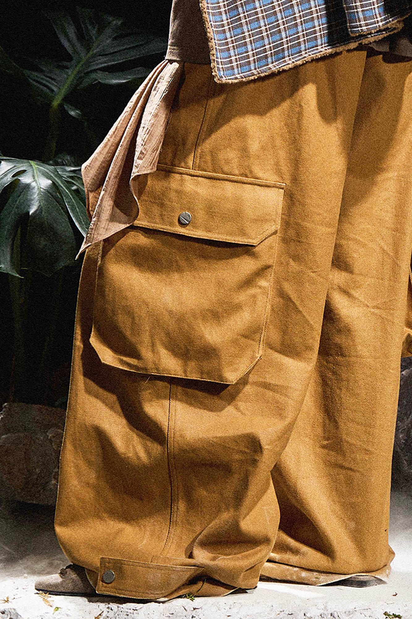 RELABEL Detachable Scarf Pleated Waxed Wide-Leg Cargo-Pants-XS-Yellow-Free Shipping Leatheretro