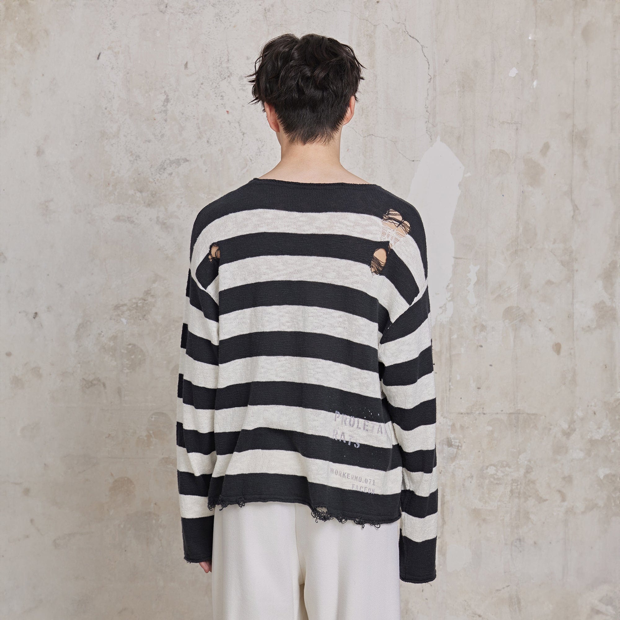 FACEONLAB Stripe Distressed Frayed Crewneck Sweater-Sweater-M-Red-Free Shipping Leatheretro