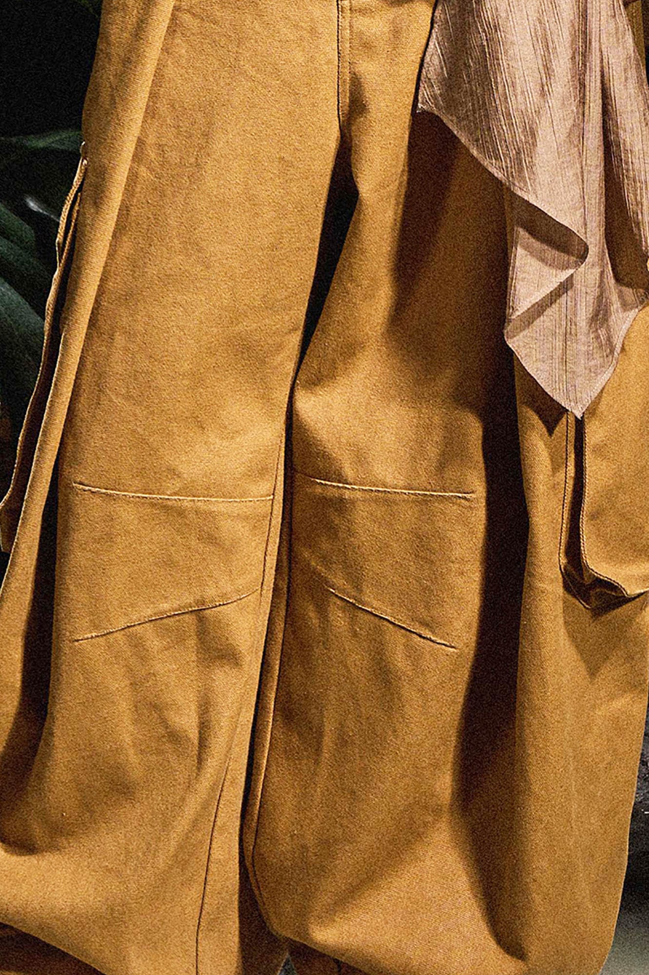 RELABEL Detachable Scarf Pleated Waxed Wide-Leg Cargo-Pants-XS-Yellow-Free Shipping Leatheretro