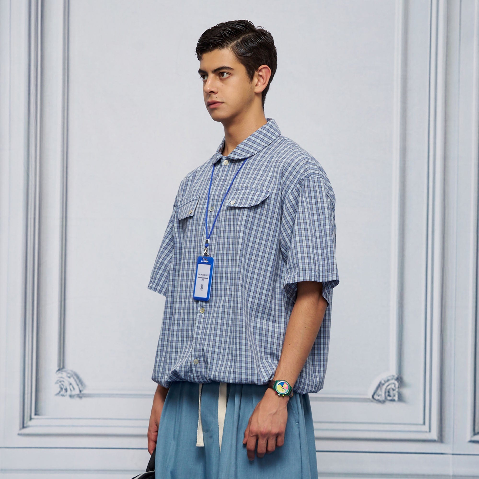 UNLIMITED MOTE Drawstring Hem Plaid Peter Pan Collar Half Shirt-Half shirt-XS-Blue-Free Shipping Leatheretro