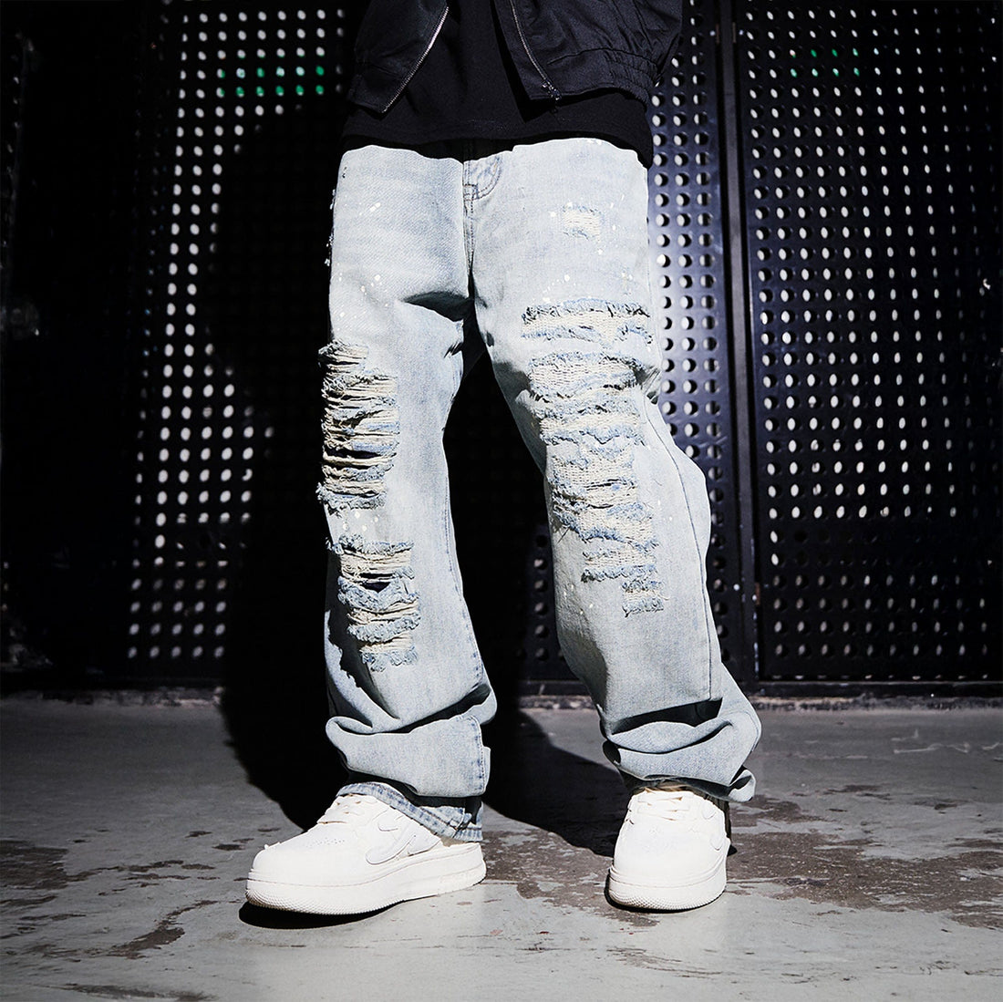 BLACK8MOB Ripped Splatter Straight-Leg Jeans-Jeans-S-Black-Free Shipping Leatheretro