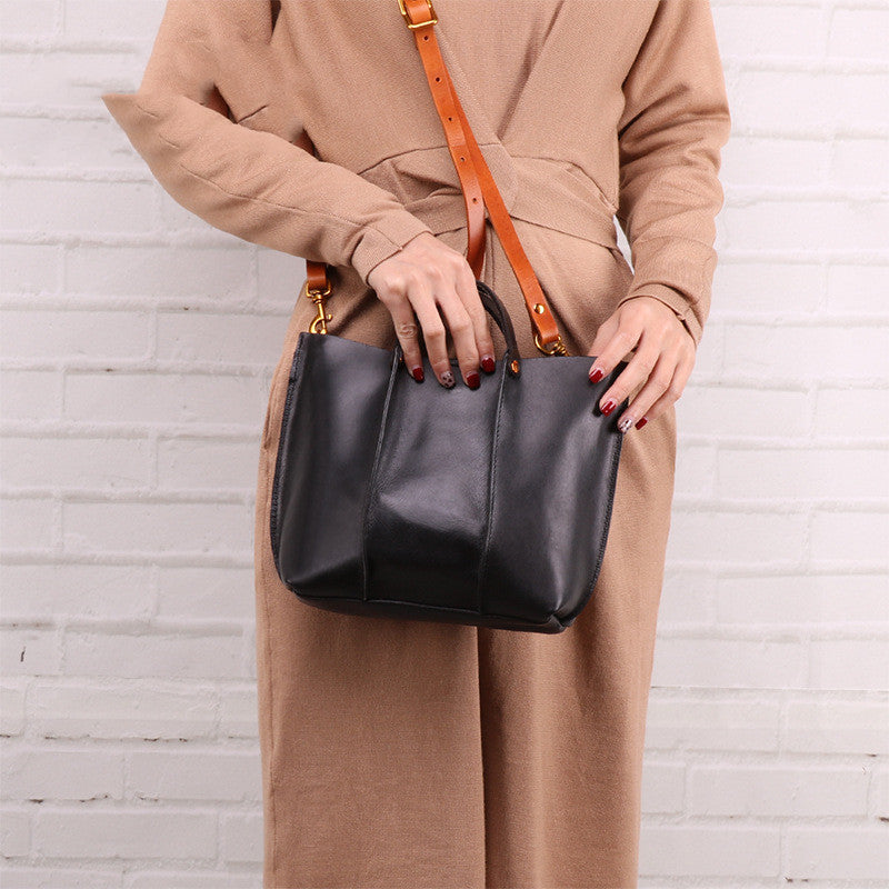 Premium Cowhide Leather Shoulder Tote Bag - Modern Bucket Style Shoulder Bags-Shoulder Bag-Black-Free Shipping Leatheretro