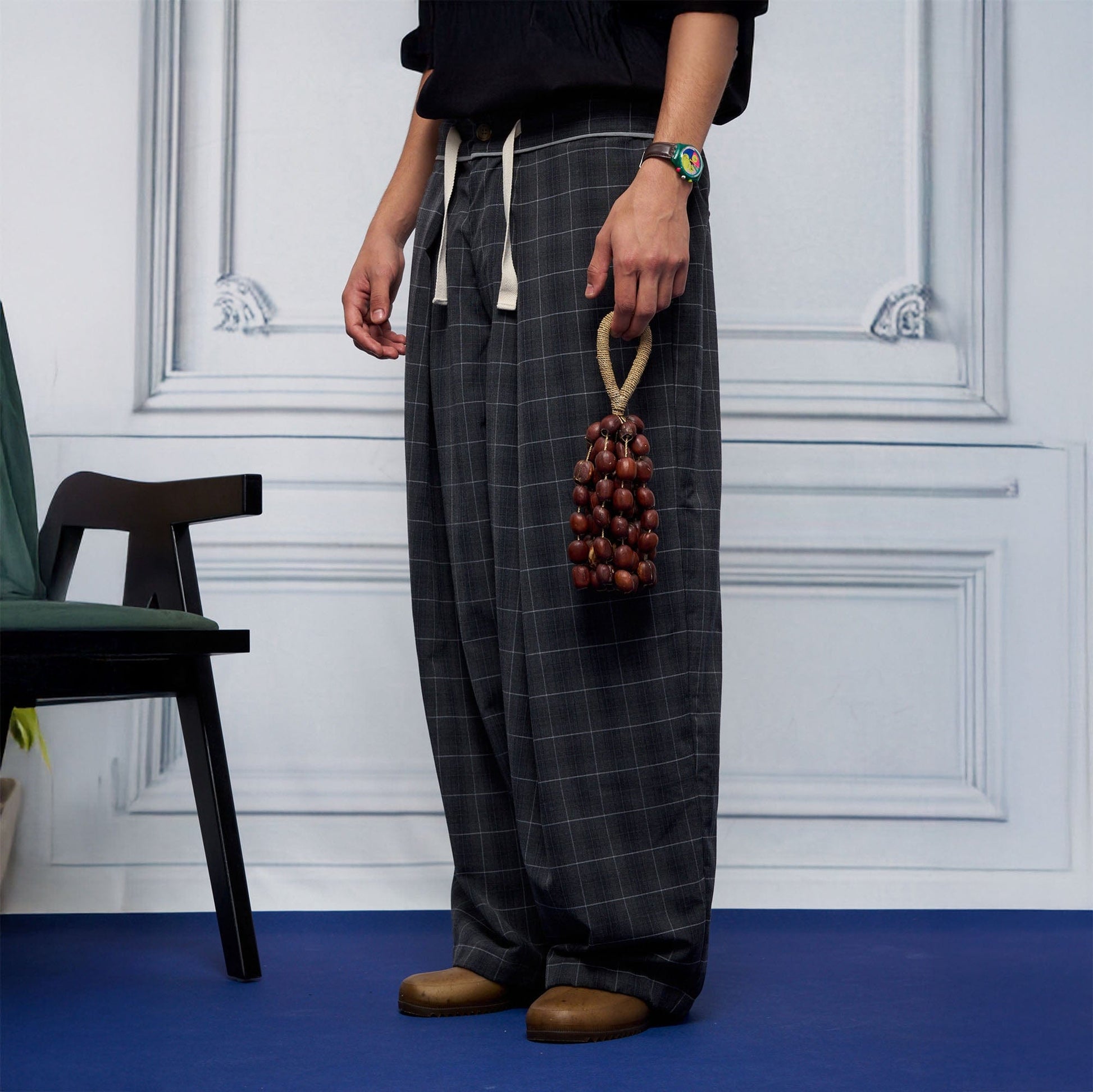 UNLIMITED MOTE Pleated Drawstring Wide-Leg Pants-Pants-S-Check-Free Shipping Leatheretro