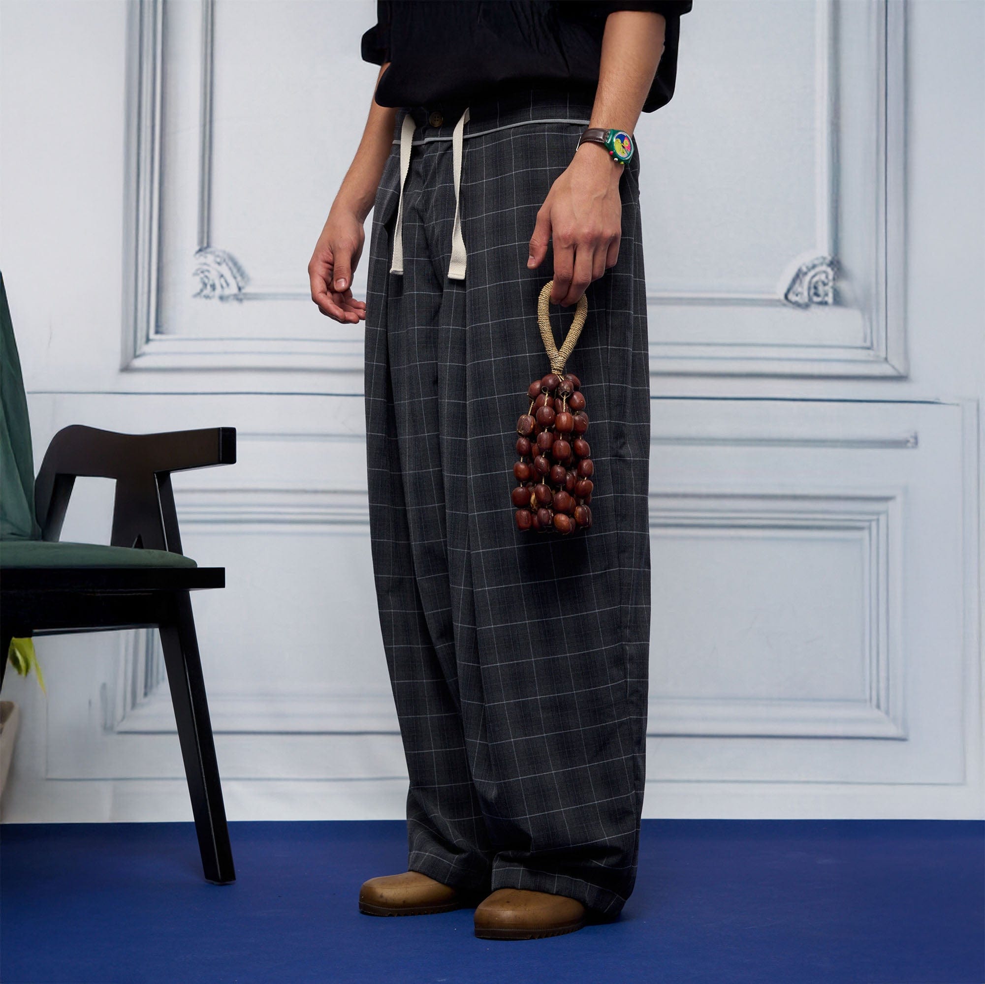 UNLIMITED MOTE Pleated Drawstring Wide-Leg Pants-Pants-S-Check-Free Shipping Leatheretro