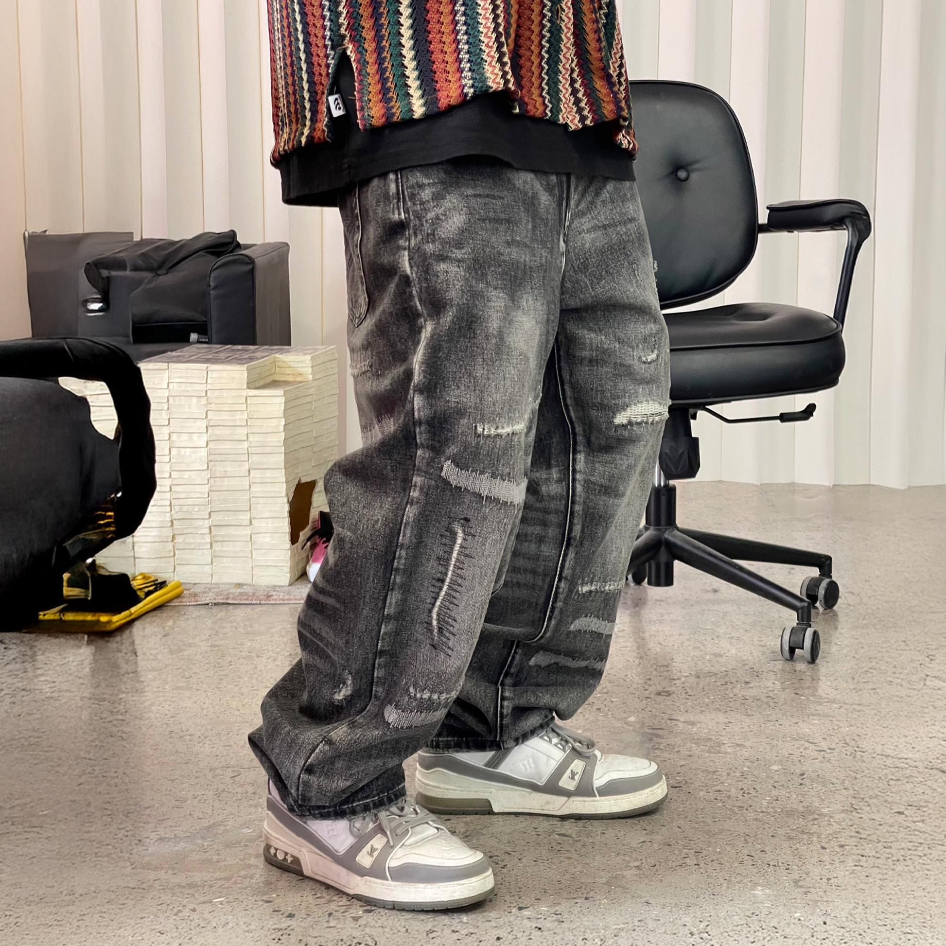 ME DA IGUAL Washed Destroyed Patch Straight-Leg Jeans-Jeans-M-Free Shipping Leatheretro