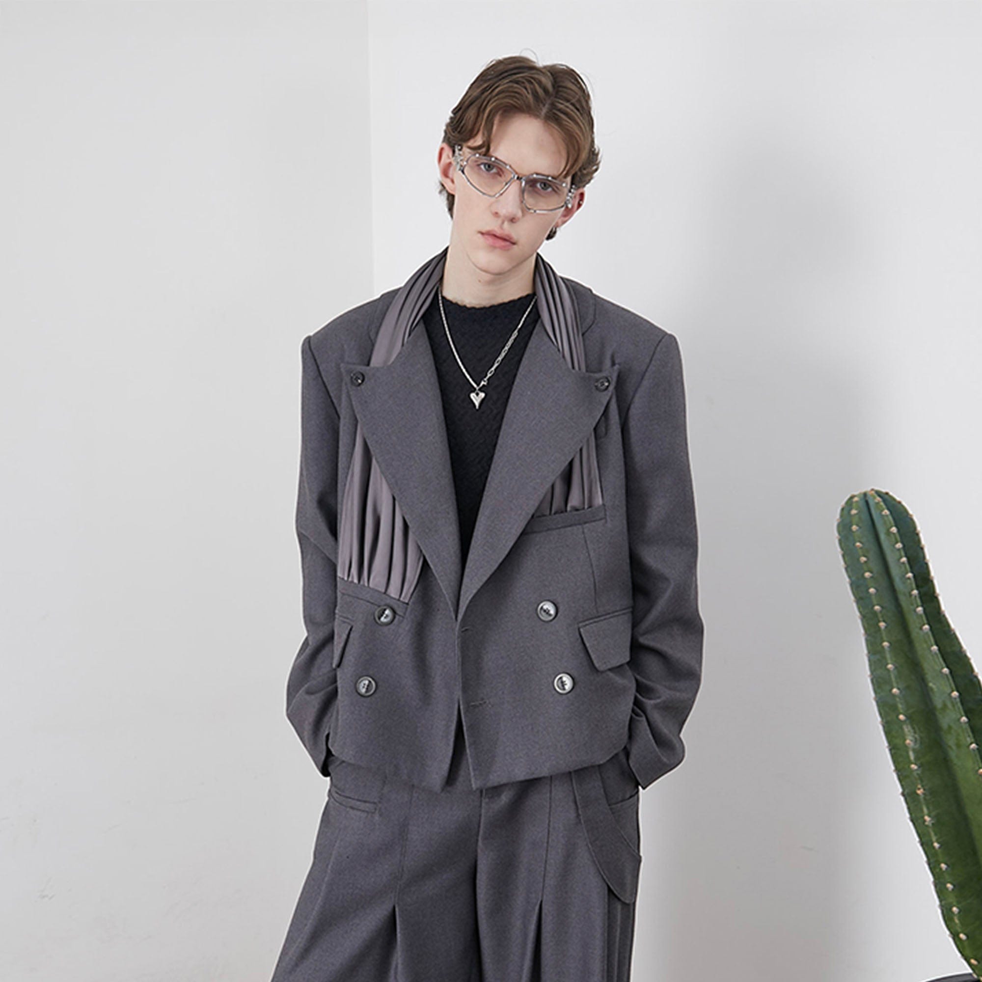 ASSEEN Pleated Panel Double-Breasted Blazer-Jacket-S-Free Shipping Leatheretro