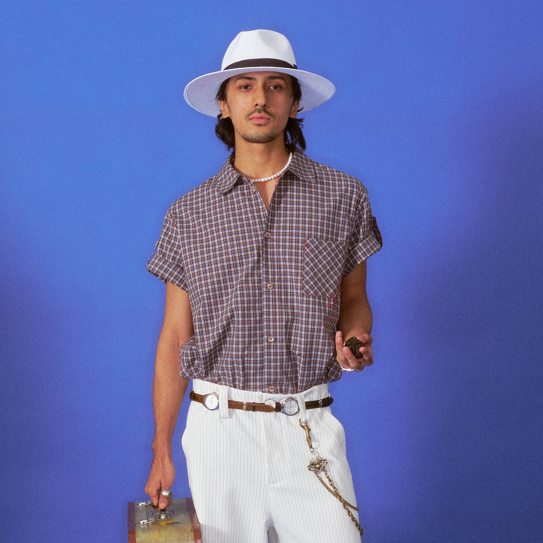 TRECLUB Retro Plaid Embroidered Rolled-Sleeve Half Shirt-Half shirt-S-Free Shipping Leatheretro