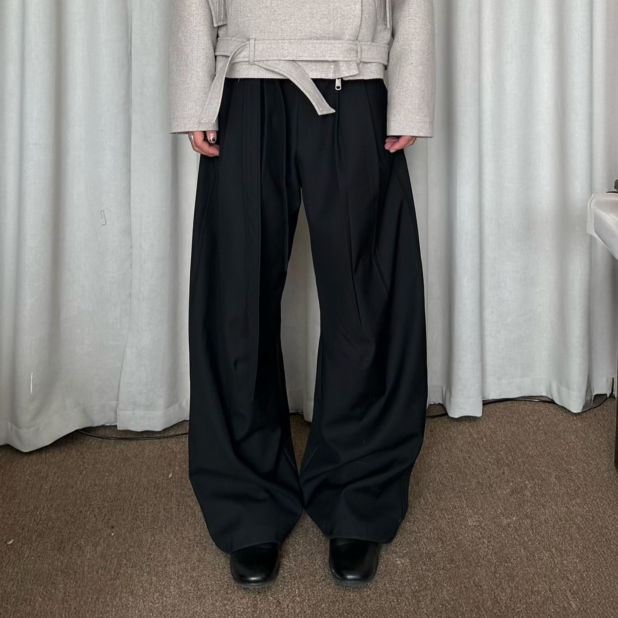 KREATE Belted Pleated Wide-Leg Trousers-Jacket-S (Preorder)-Free Shipping Leatheretro