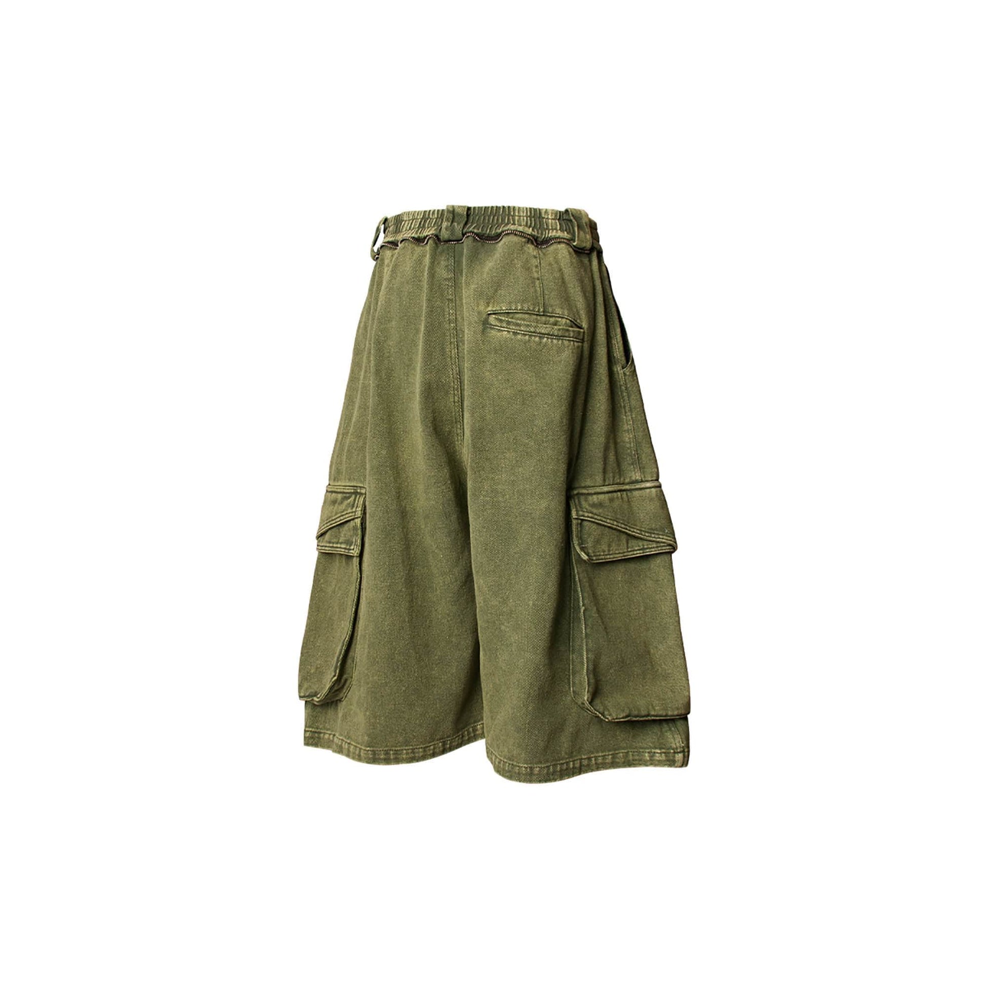 RELABEL Detachable Scarf Washed Multi-Pocket Wide-Leg Shorts Green-Shorts-XS-Free Shipping Leatheretro