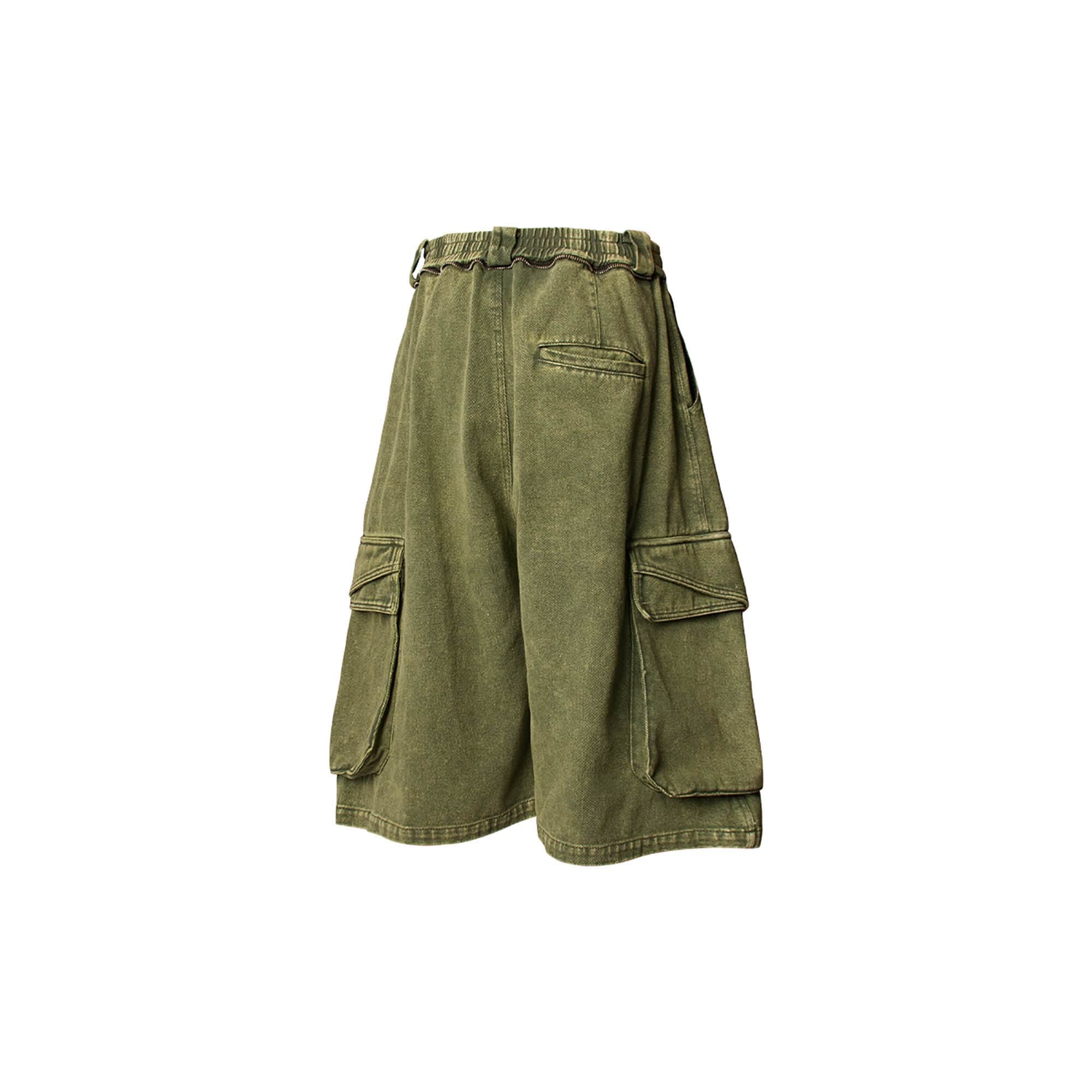 RELABEL Detachable Scarf Washed Multi-Pocket Wide-Leg Shorts Green-Shorts-XS-Free Shipping Leatheretro