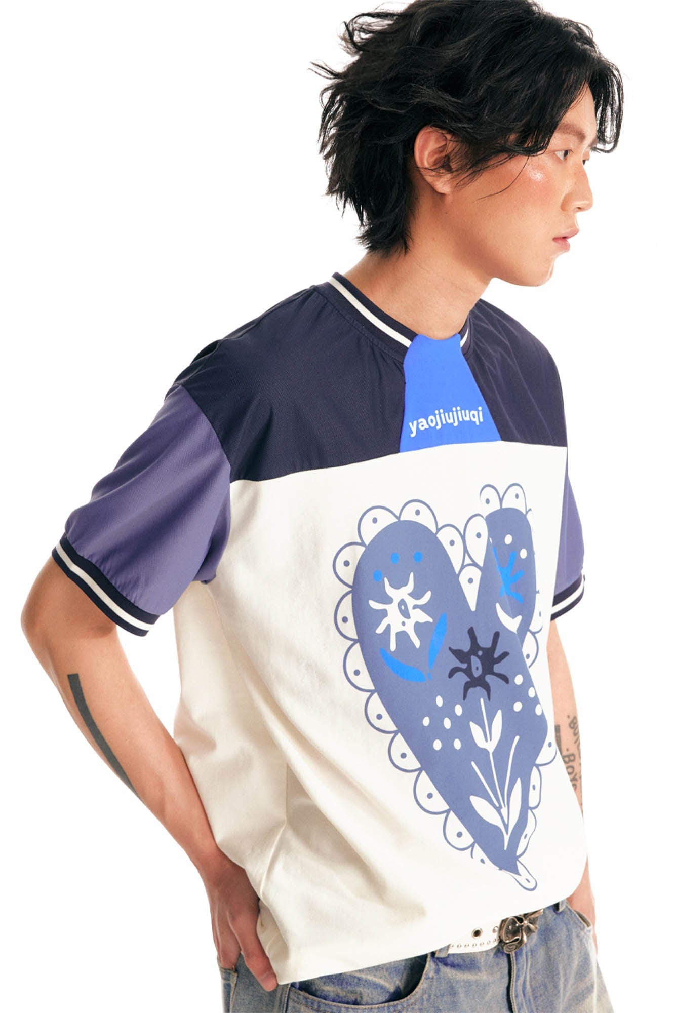 1997 POSTOFFICE Heart Floral Panelled Quick-Dry T-Shirt-T Shirt-S-Gray-Free Shipping Leatheretro