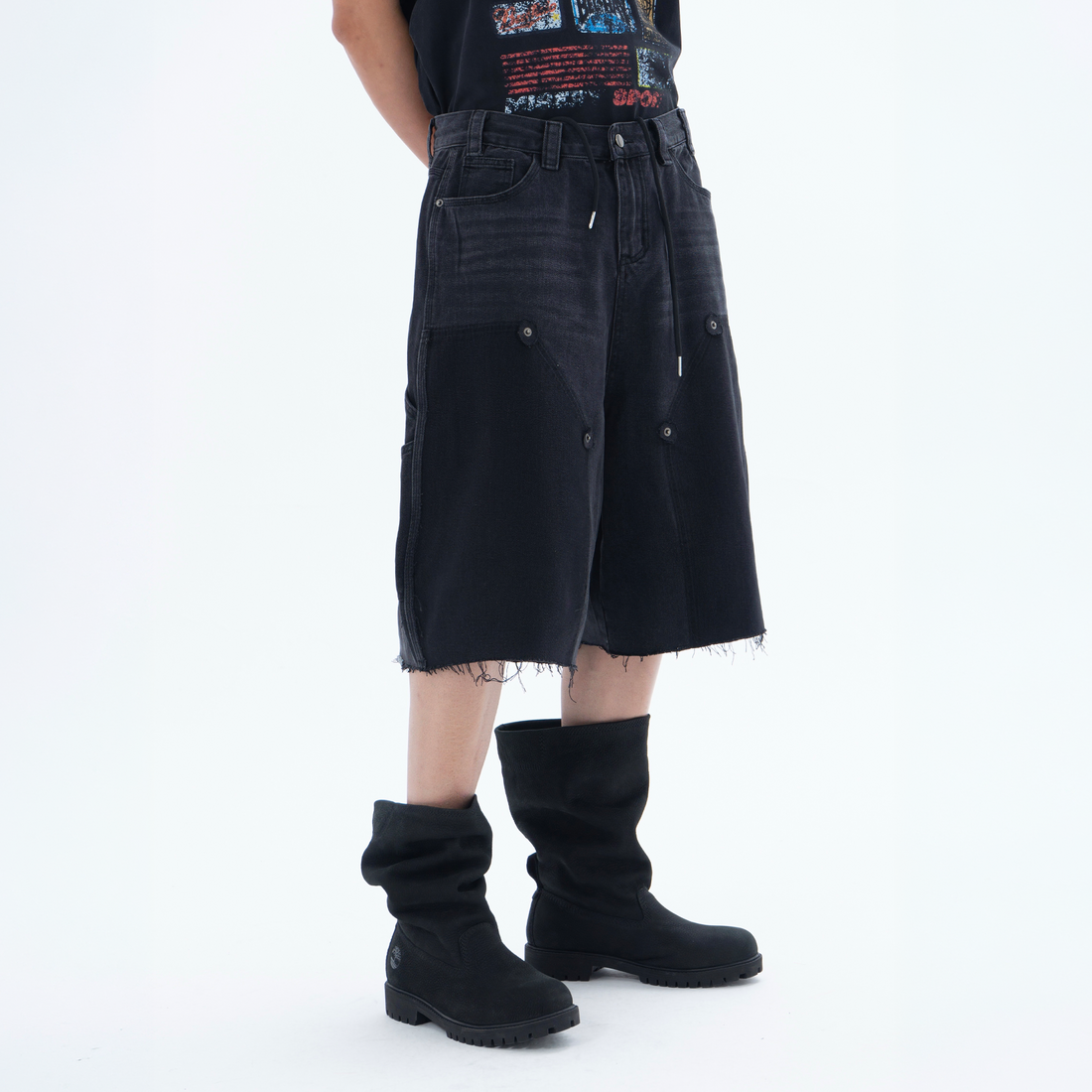 CLP Retro Washed Raw Edge Paneled Shorts-Shorts-M / 34"-Free Shipping Leatheretro
