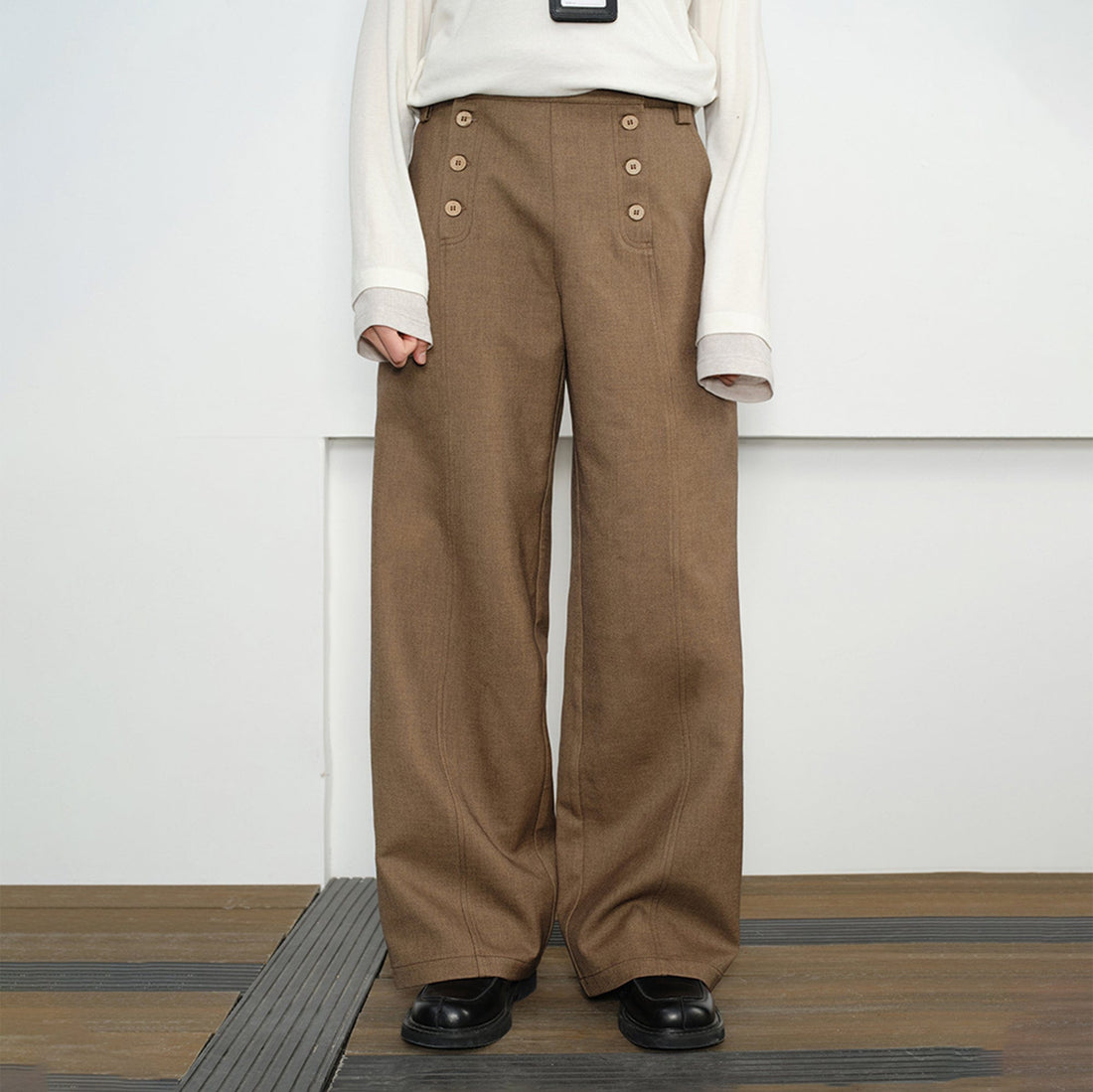 KREATE Double-Breasted Wide-Leg Trousers-Pants-S-Apricot-Free Shipping Leatheretro