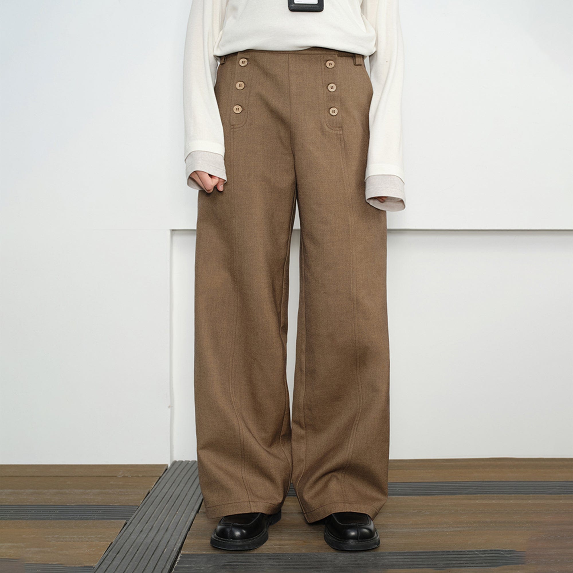 KREATE Double-Breasted Wide-Leg Trousers-Pants-S-Brown-Free Shipping Leatheretro