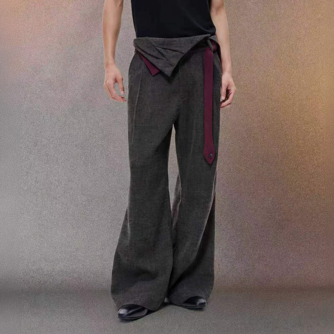 ALVNG AR ANTS Detachable Contrast Waist Tie Pleated Trousers-Pants-S / 31"-Brown-Free Shipping Leatheretro