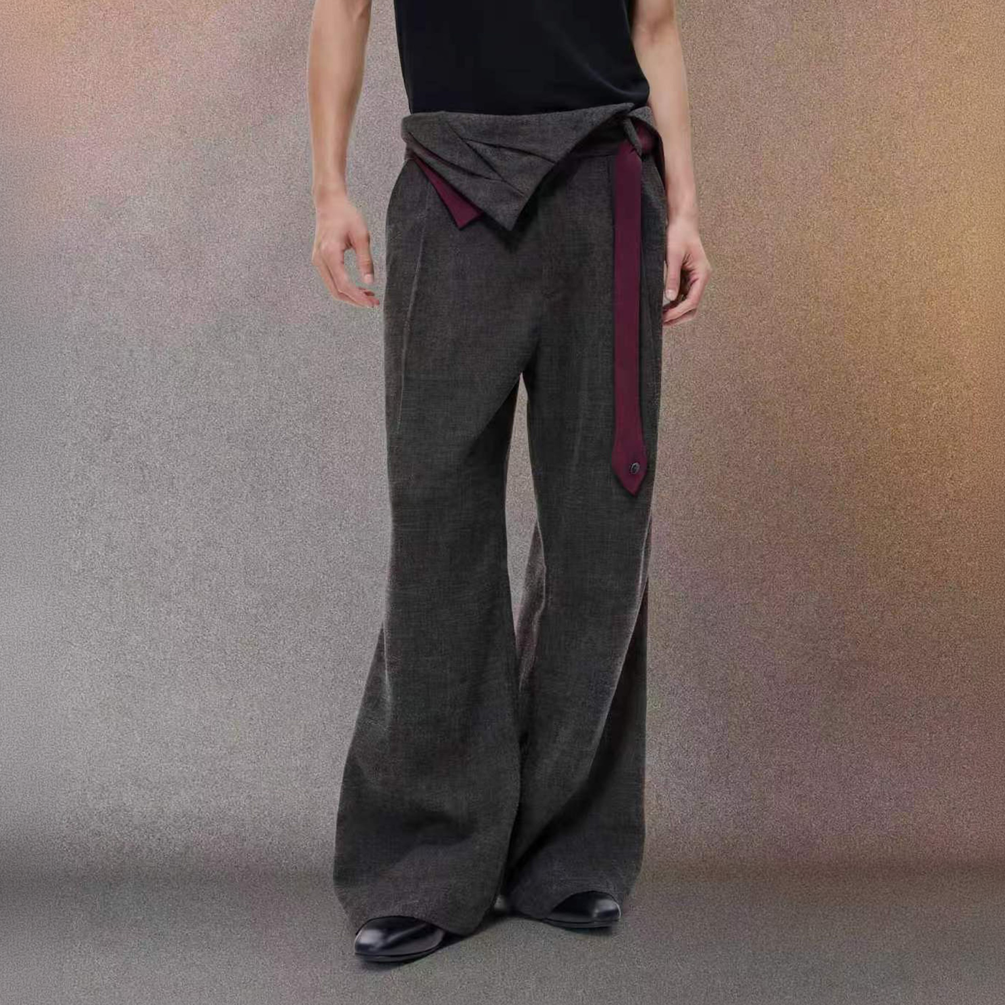 ALVNG AR ANTS Detachable Contrast Waist Tie Pleated Trousers-Pants-S / 31"-Brown-Free Shipping Leatheretro