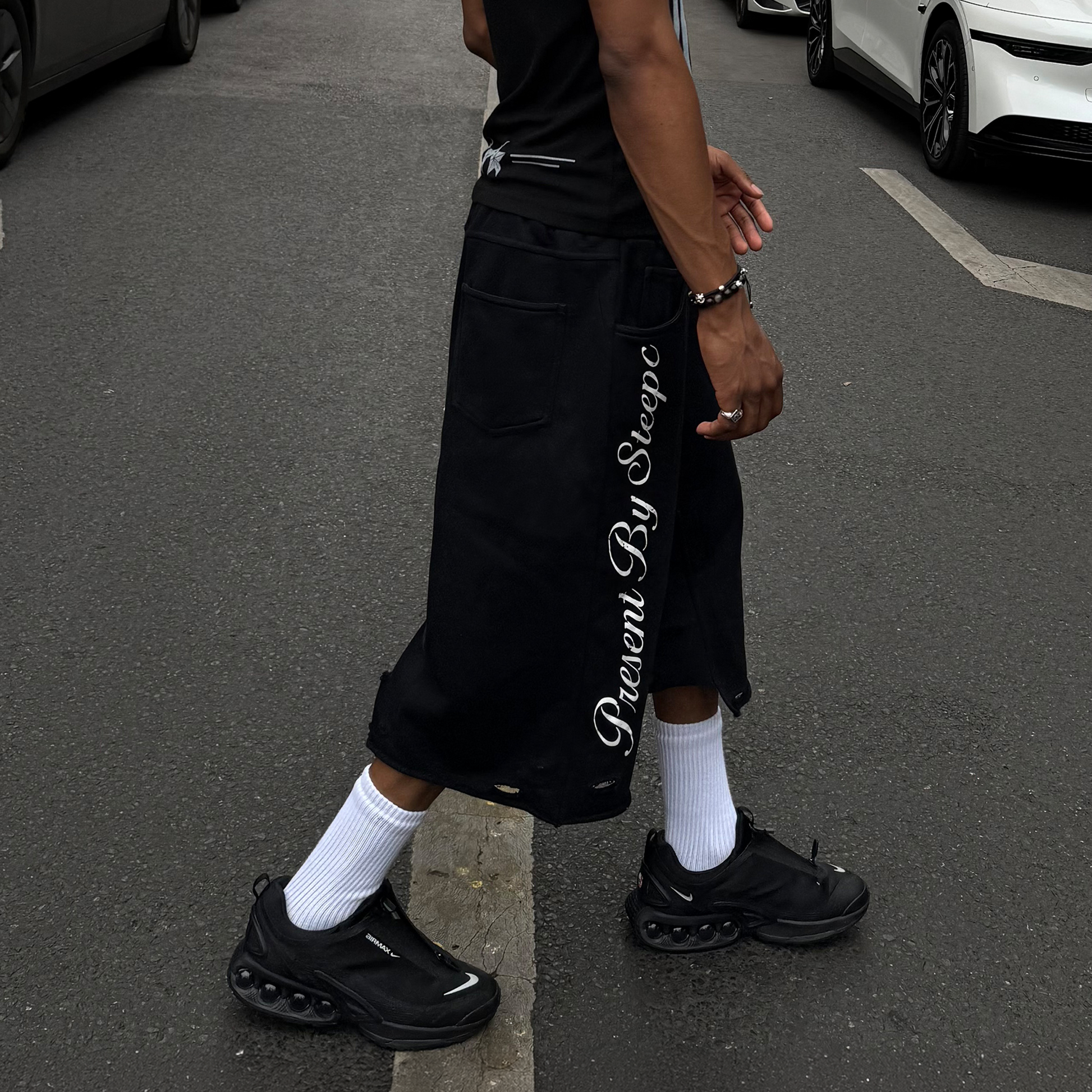 STEEPC Raw Edge Graphic Paneled Sweat Shorts-Shorts-S / 24“-Free Shipping Leatheretro