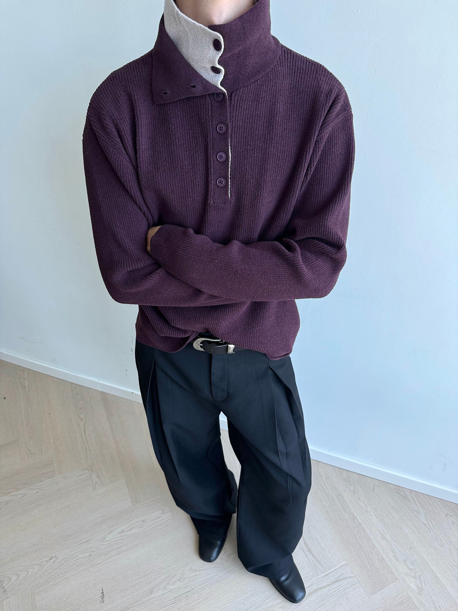 KREATE Contrast Layered Collar Ribbed Sweater-Sweater-S-Brown-Free Shipping Leatheretro