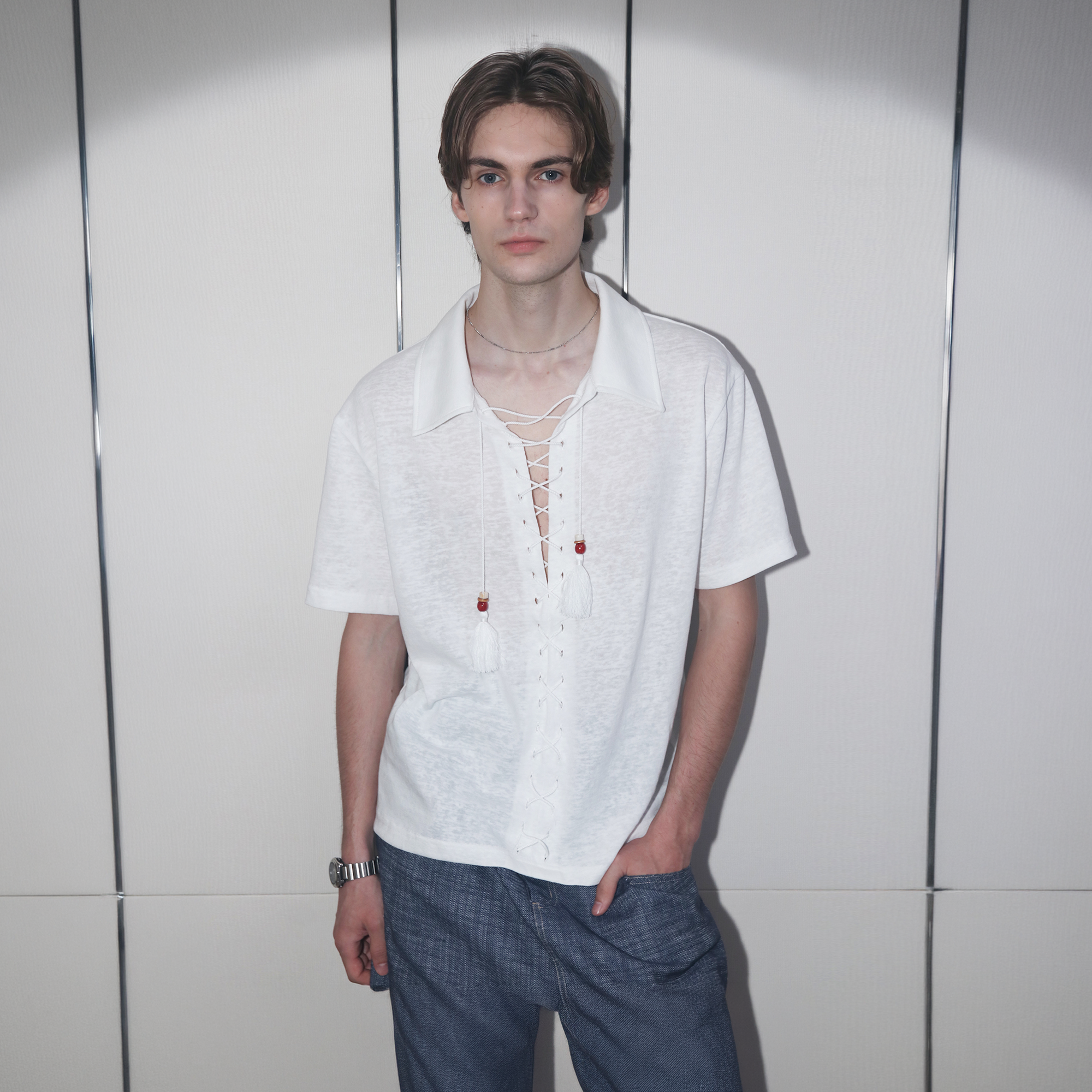 ASSEEN Tassel Lace-Up Short-Sleeve Polo Tee-T Shirt-S-Free Shipping Leatheretro