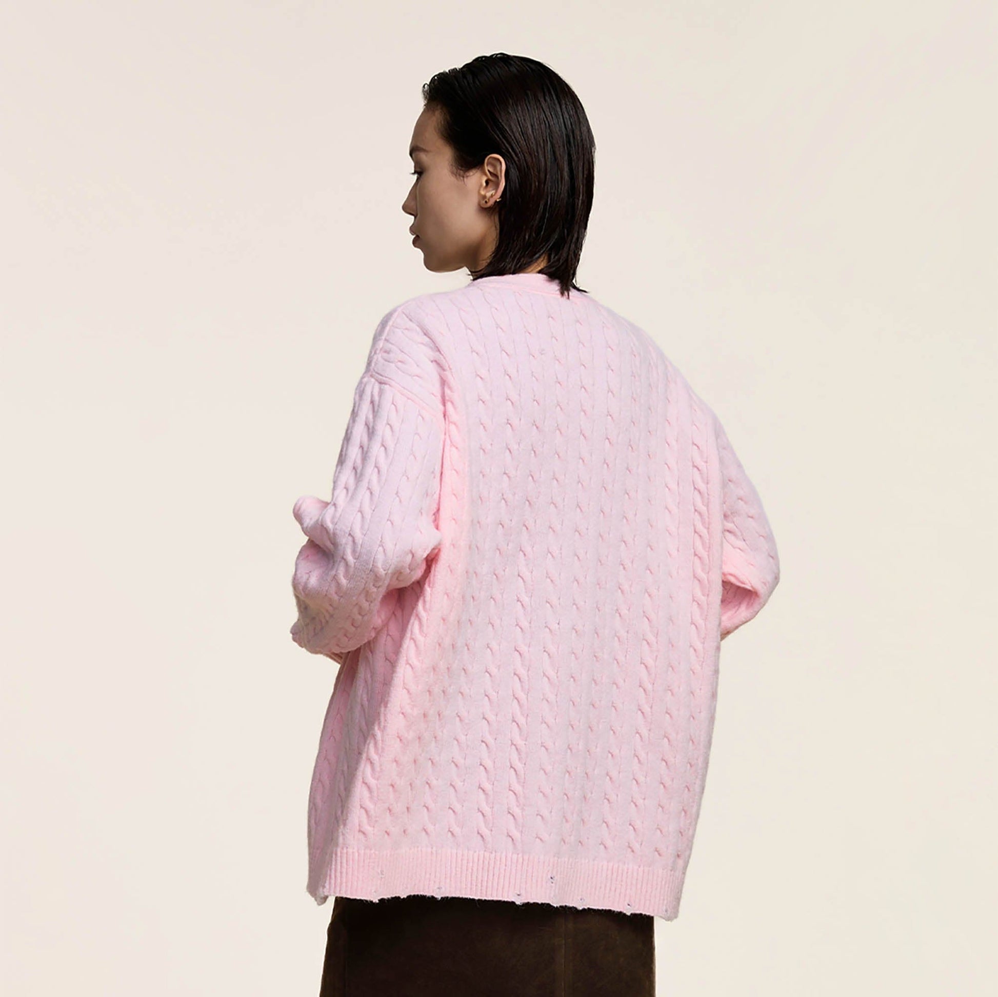 OPICLOTH Cable-Knit V-Neck Button-Up Cardigan-Jacket-XS-Pink-Free Shipping Leatheretro