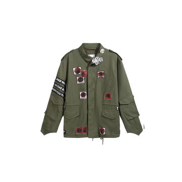 NOTHINGNESS WORLD Slogan Patchwork Multi-Pocket Utility Jacket-Jacket-S-Green-Free Shipping Leatheretro