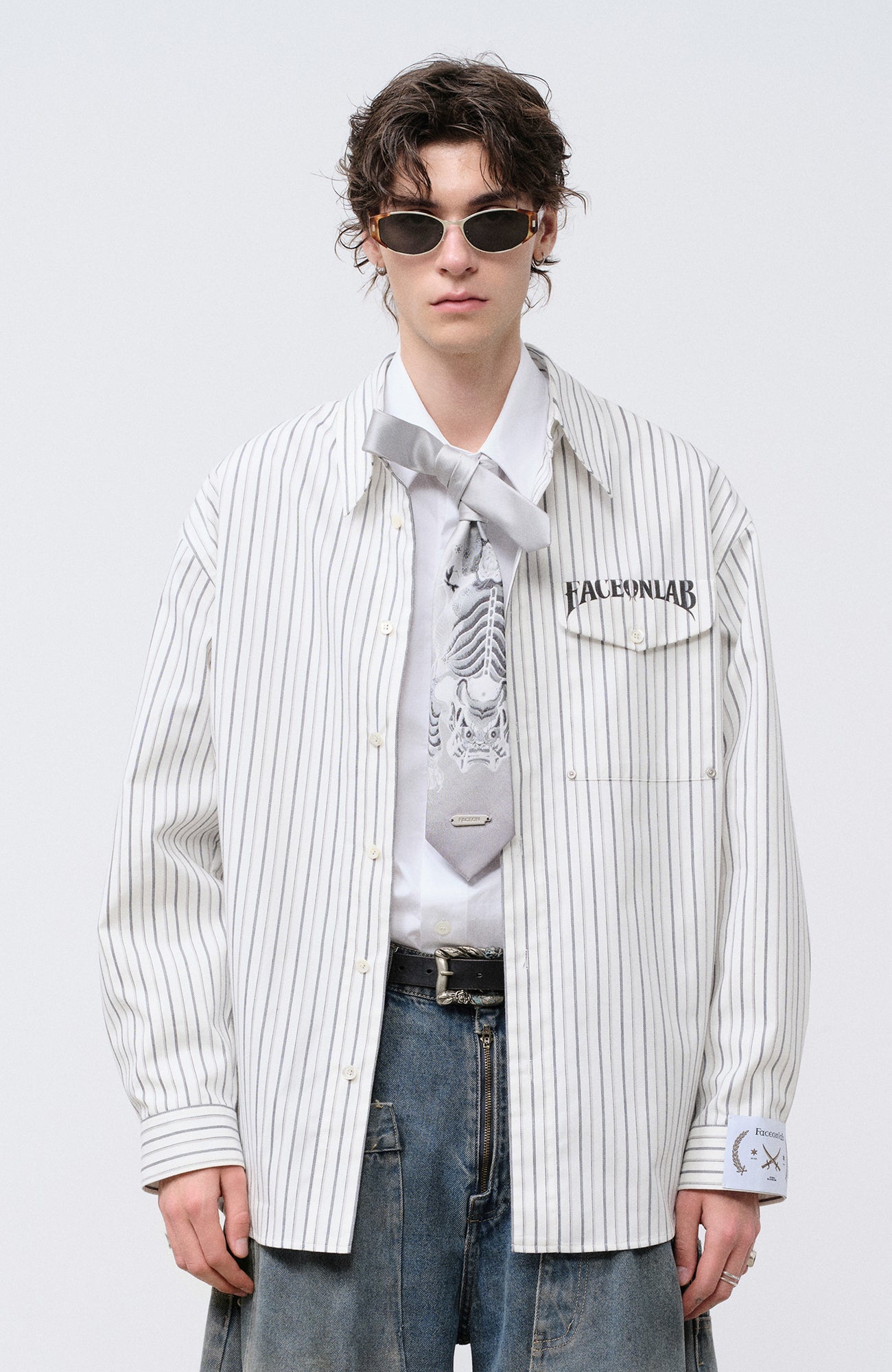 FACEONLAB Stripe Animal Graphic Relaxed Shirt White-Shirt-M-Free Shipping Leatheretro