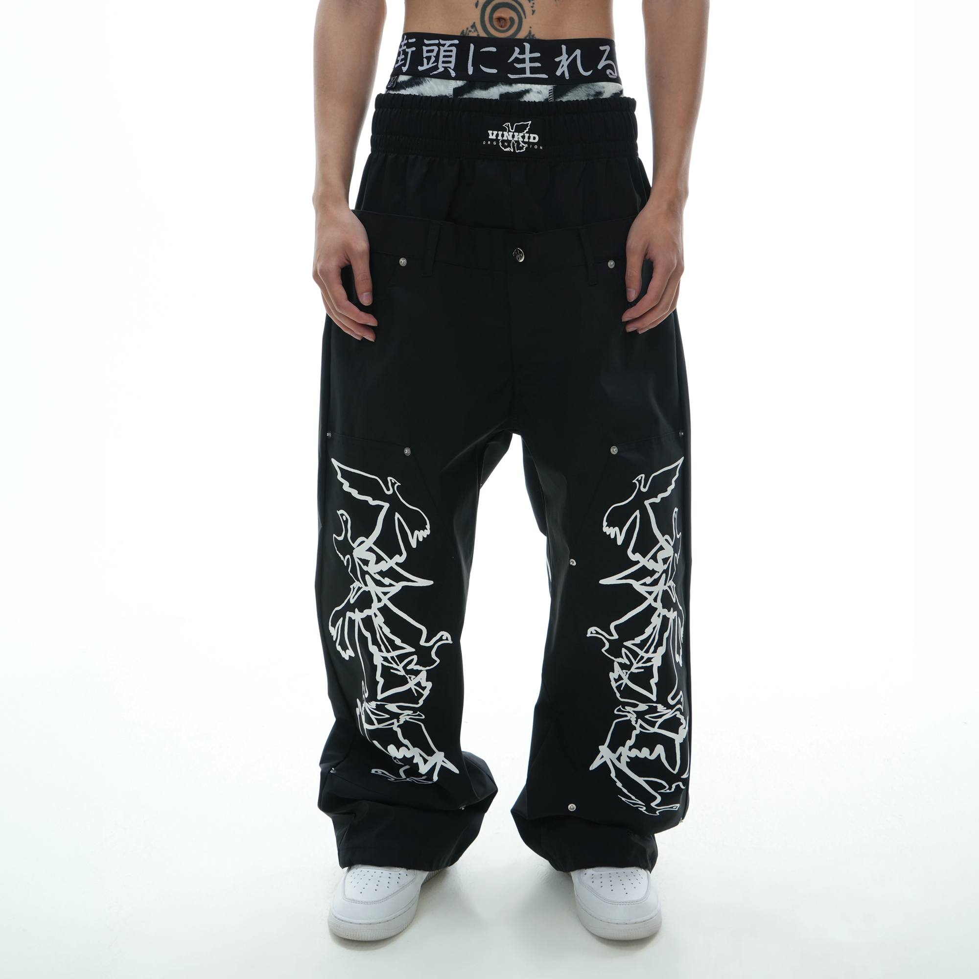 VINKID Peace Dove Graphic Double-Waist Pants-Pants-S / 27-42"-Free Shipping Leatheretro