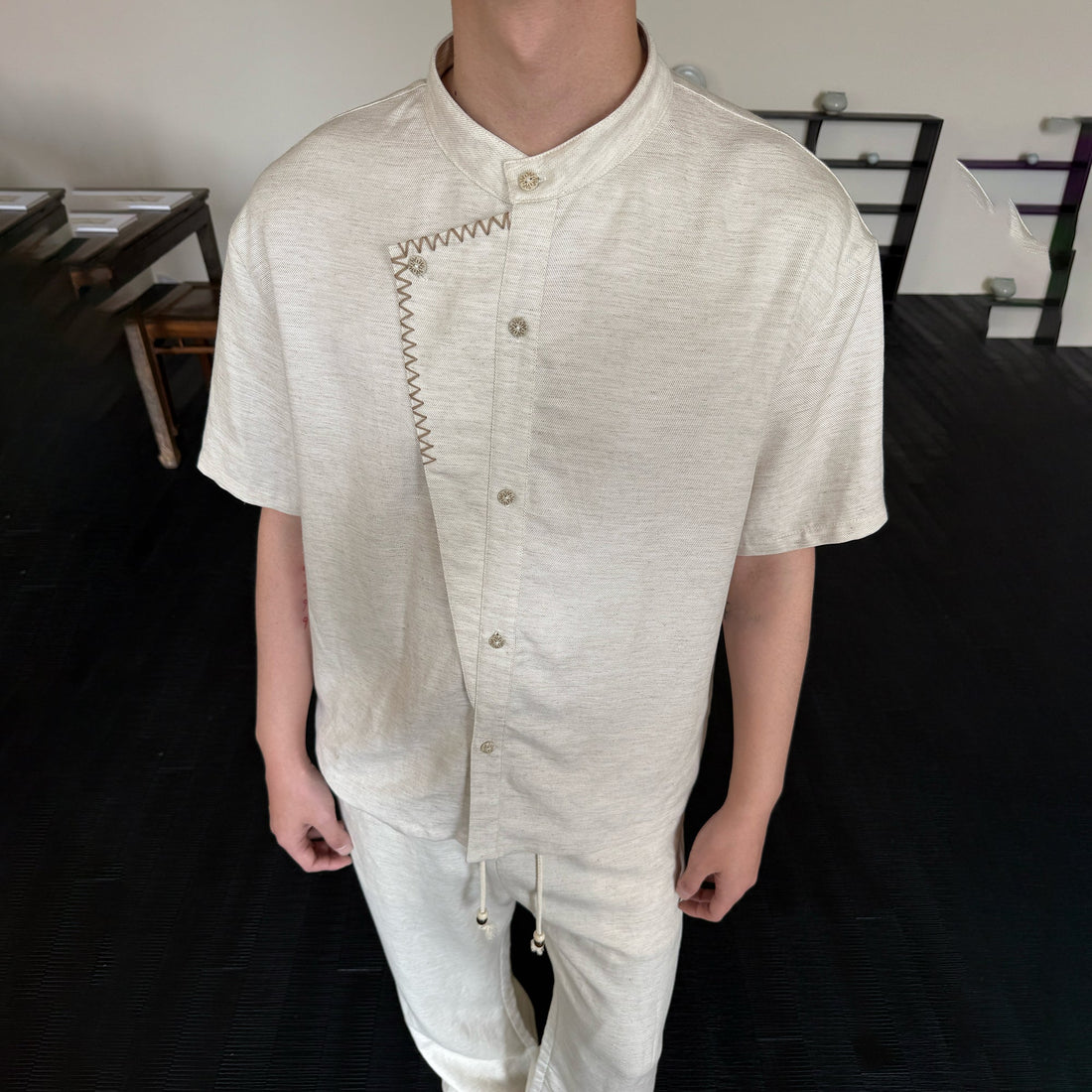 KREATE Stitched Faux-Placket Short Sleeve Shirt-Shirt-S-Black-Free Shipping Leatheretro