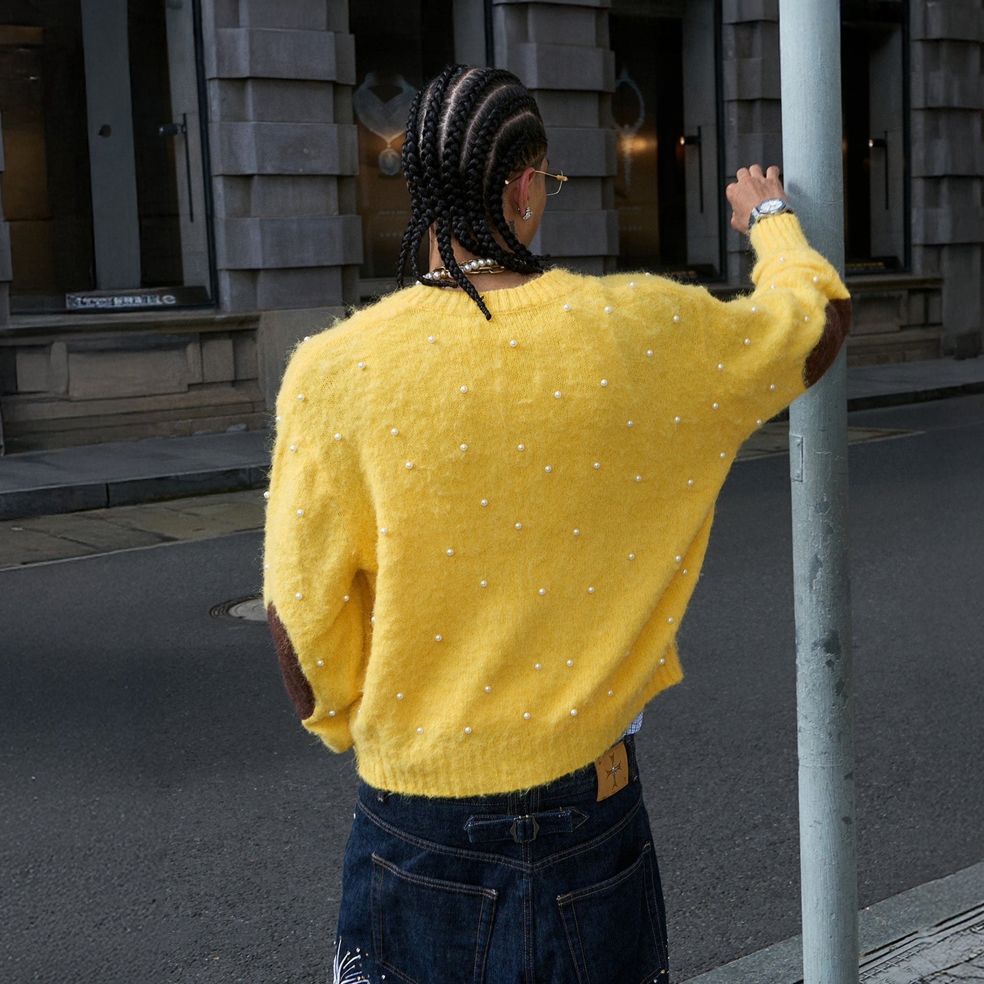 STEEPC Pearl-Studded Contrast Elbow Patch Cardigan-Sweater-S (1)-Yellow-Free Shipping Leatheretro